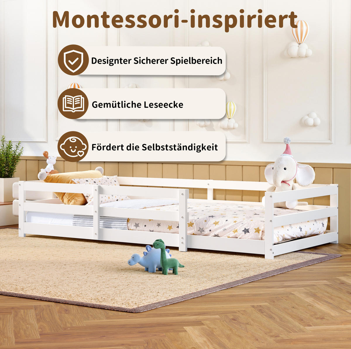 KINDERBETT Montessori 90/200 cm, weiß mit Lattenrost - Weiß, Holz (90/200cm) - MIVRAY