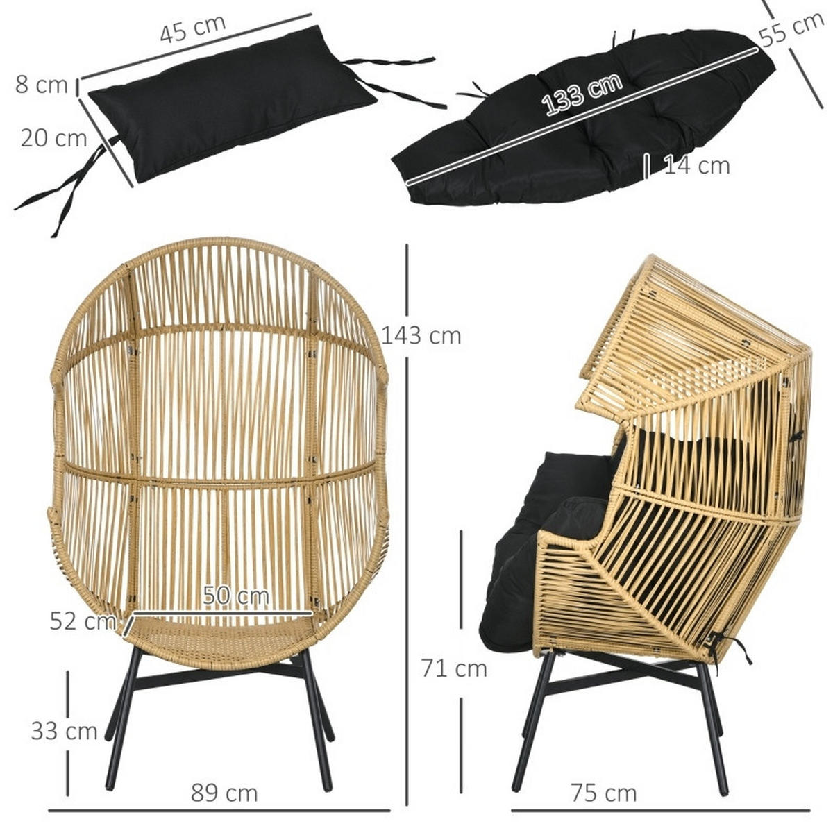 GARTENSTUHL aus Rattan 89x75x143 cm Sand mit Komfortkissen und verstellbaren Füßen - Beige, Holzwerkstoff (75/143/89cm) - Modfu