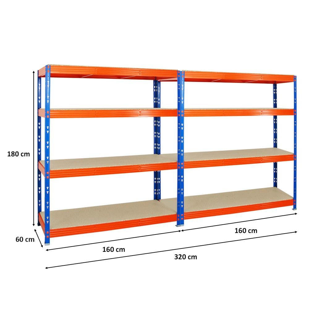 SCHWERLASTREGAL Rhino 2er-Set mit 2x 180x160x60 cm 4 Spanplatten-Ebenen 16mm Fachlast 500 kg Blau-Orange - Orange, Metall (320/180/60cm) - PROREGAL