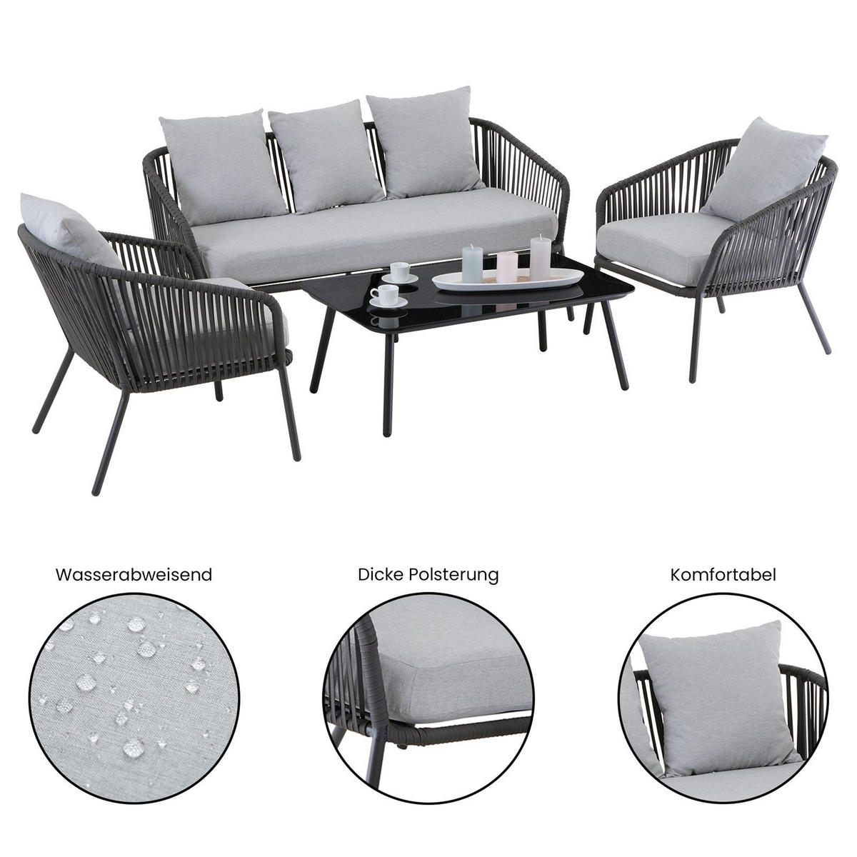 GARTENMÖBEL-SET BENGAL 4ER SET GRAU, SCHWARZ - Schwarz/Grau, Metall - CARO-Möbel