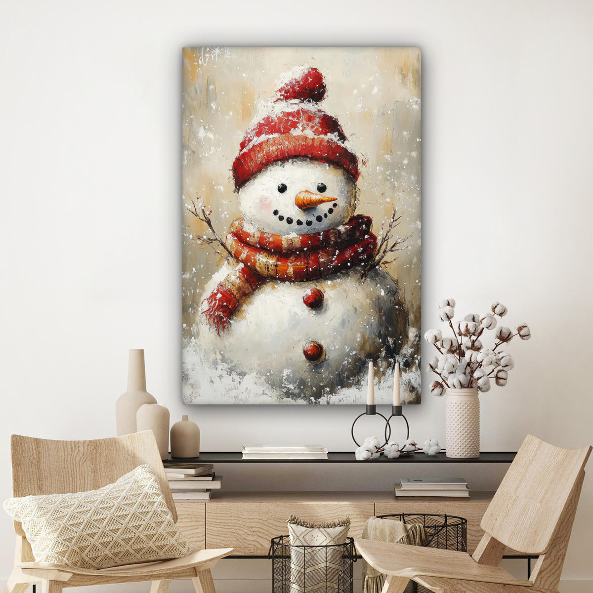 LEINWANDBILD Schneemann - Winter - Schnee - Beige Deko Groß 90x140 cm - Weiß, Textil (90/140cm) - MuchoWow