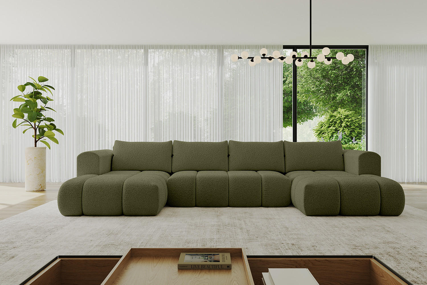 WOHNLANDSCHAFT Ottomane Links CLOUD-U 414x180x40 Grün Bouclé - Grün, Holzwerkstoff/Kunststoff (414/90/180cm) - ALTDECOR