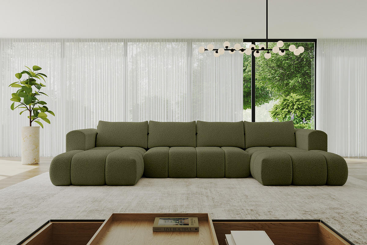 WOHNLANDSCHAFT Ottomane Links CLOUD-U 414x180x40 Grün Bouclé - Grün, Holzwerkstoff/Kunststoff (414/90/180cm) - ALTDECOR
