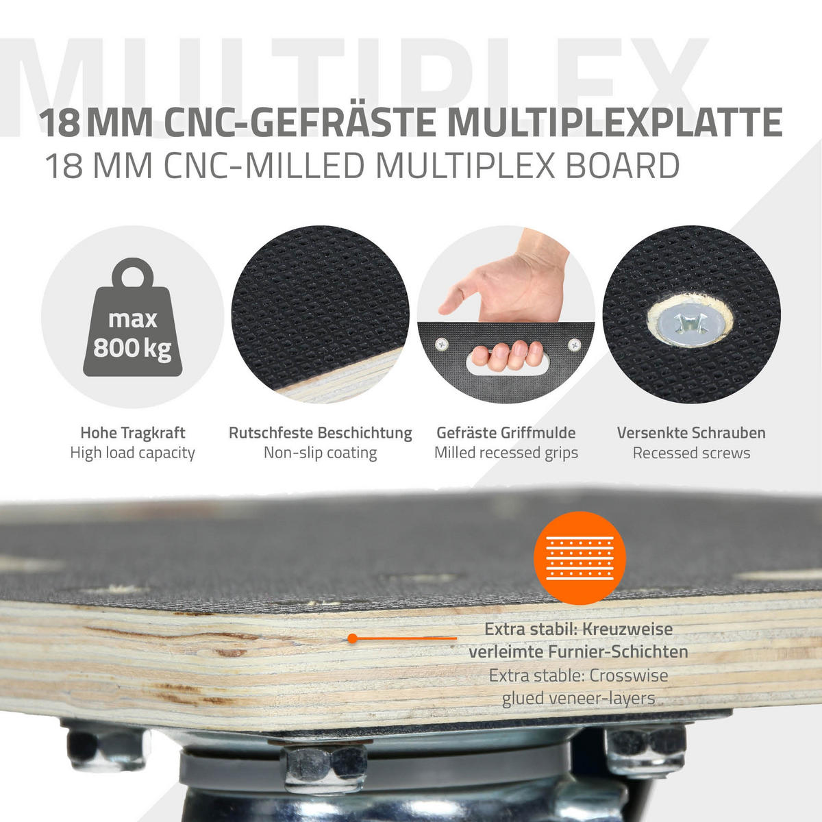 TRANSPORTROLLER 2er Set mit 4 Rollen 60x80 cm Traglast 800kg Siebdruck Holzplatte Black - Anthrazit, Holzwerkstoff (60/80/14.5cm) - ECD-Germany