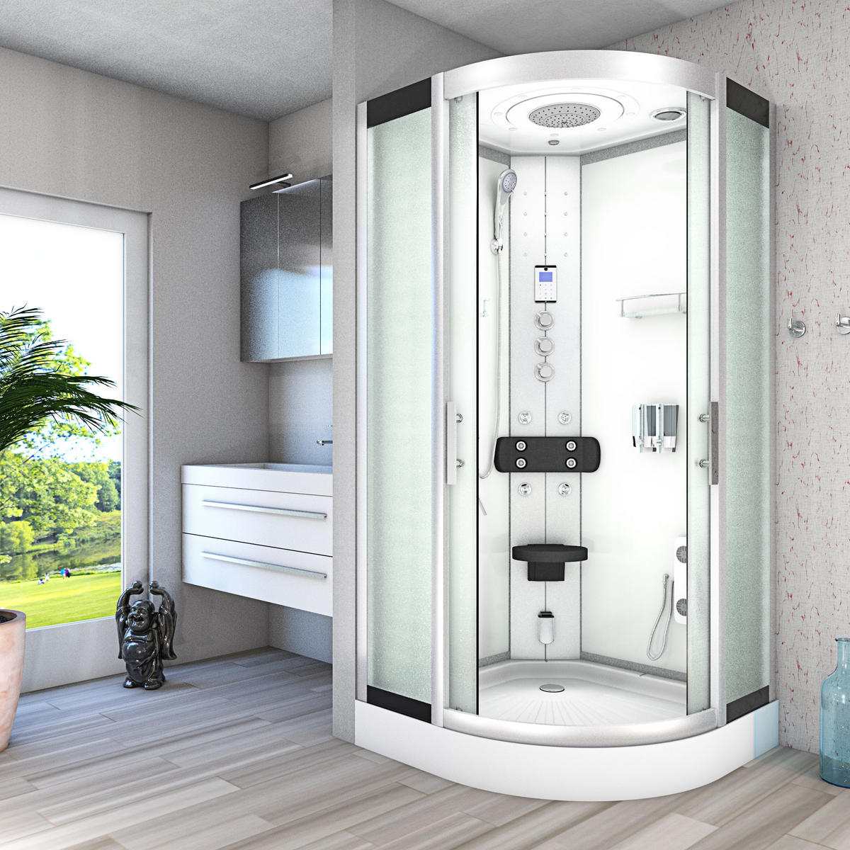 DAMPFDUSCHE Duschkabine D58-00M3-EC Weiß 80x80 - Weiß, Glas/Kunststoff (80/80/215cm) - AcquaVapore by Sandra Jentho