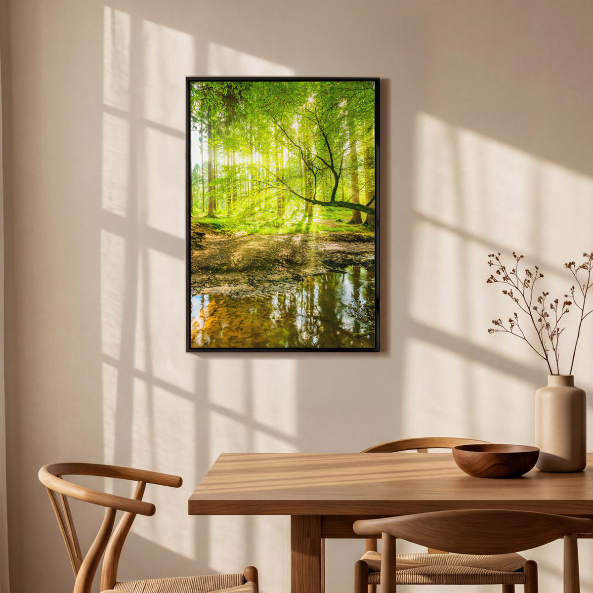 LEINWAND Bilder mit Rahmen - Wald - Landschaft - Wasser - Bäume - Sonne - Grün - Natur - 60x90 - Grün, Textil (60/90cm) - MuchoWow