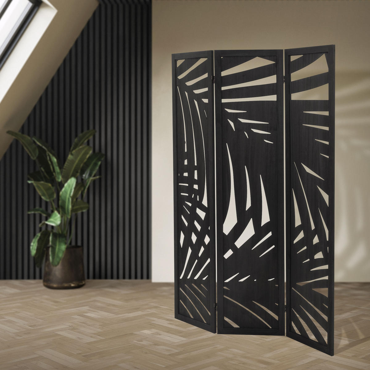 PARAVENT 3 teilig Sapporo 170x121 cm Schwarz aus Holz - Braun, Holz (121/170/2cm) - ML-DESIGN