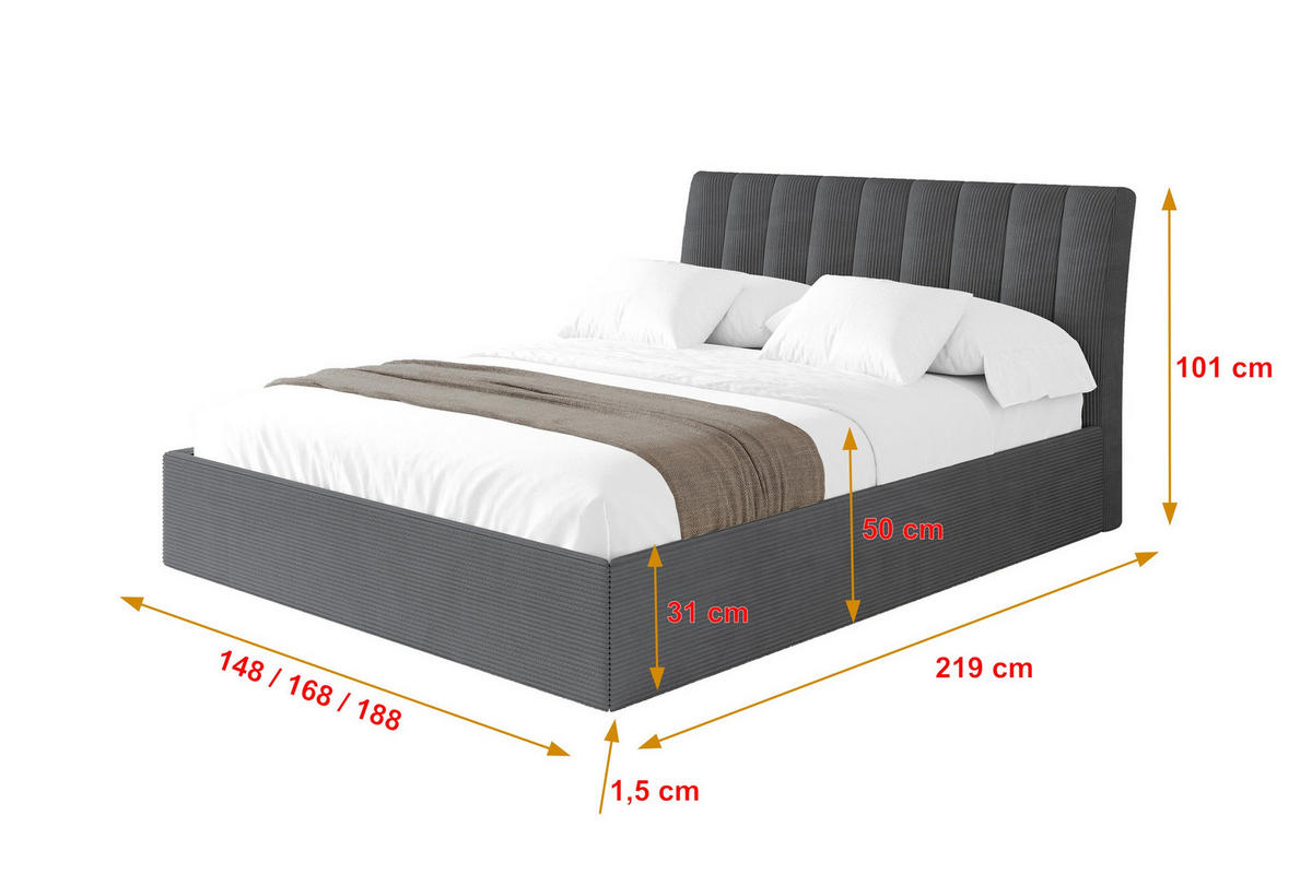 POLSTERBETT mit Bettkasten und Lattenrost, Boxbett ohne Matratze - ILAN 180x200 Dunkelgrau - Anthrazit, Holzwerkstoff/Textil (180/200cm) - ALTDECOR