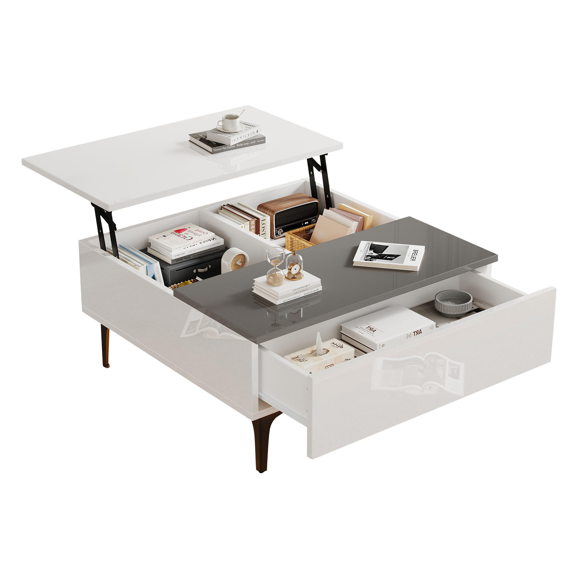 COUCHTISCH 70/70/35 cm höhenverstellbar mit verstecktem Stauraum und LED-Beleuchtung - Weiß, Holzwerkstoff (70/70/35cm) - OKWISH