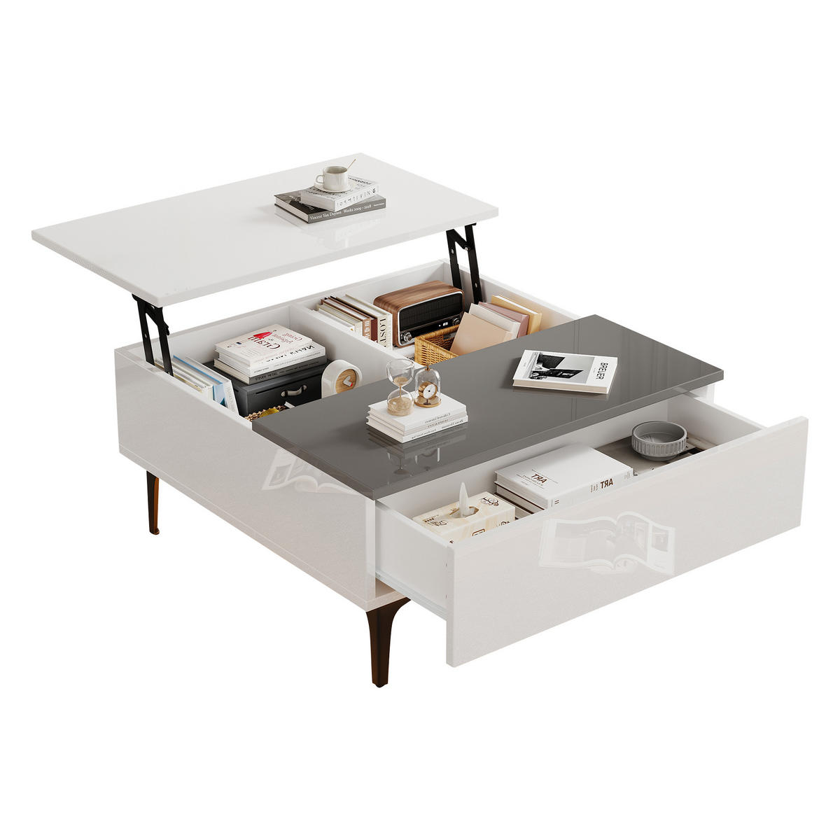 COUCHTISCH 70/70/35 cm höhenverstellbar mit verstecktem Stauraum und LED-Beleuchtung - Weiß, Holzwerkstoff (70/70/35cm) - OKWISH