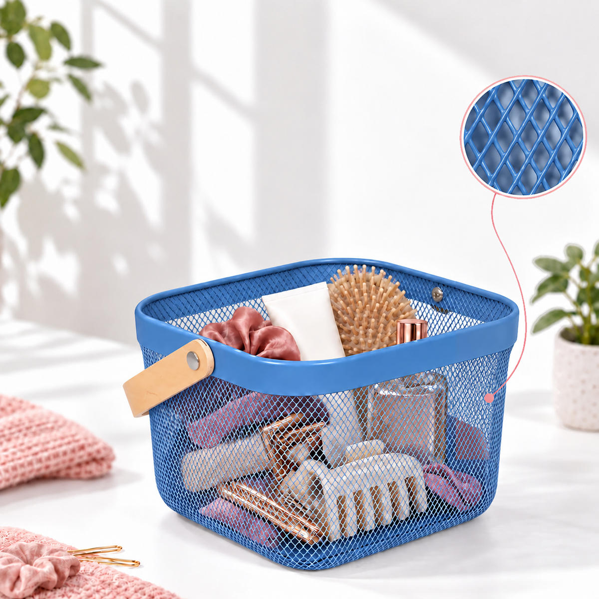 AUFBEWAHRUNGSKORB Dunkelblau Metall Holzgriff - Dunkelblau, Holz/Metall (26/17.5/24.5cm) - Relaxdays