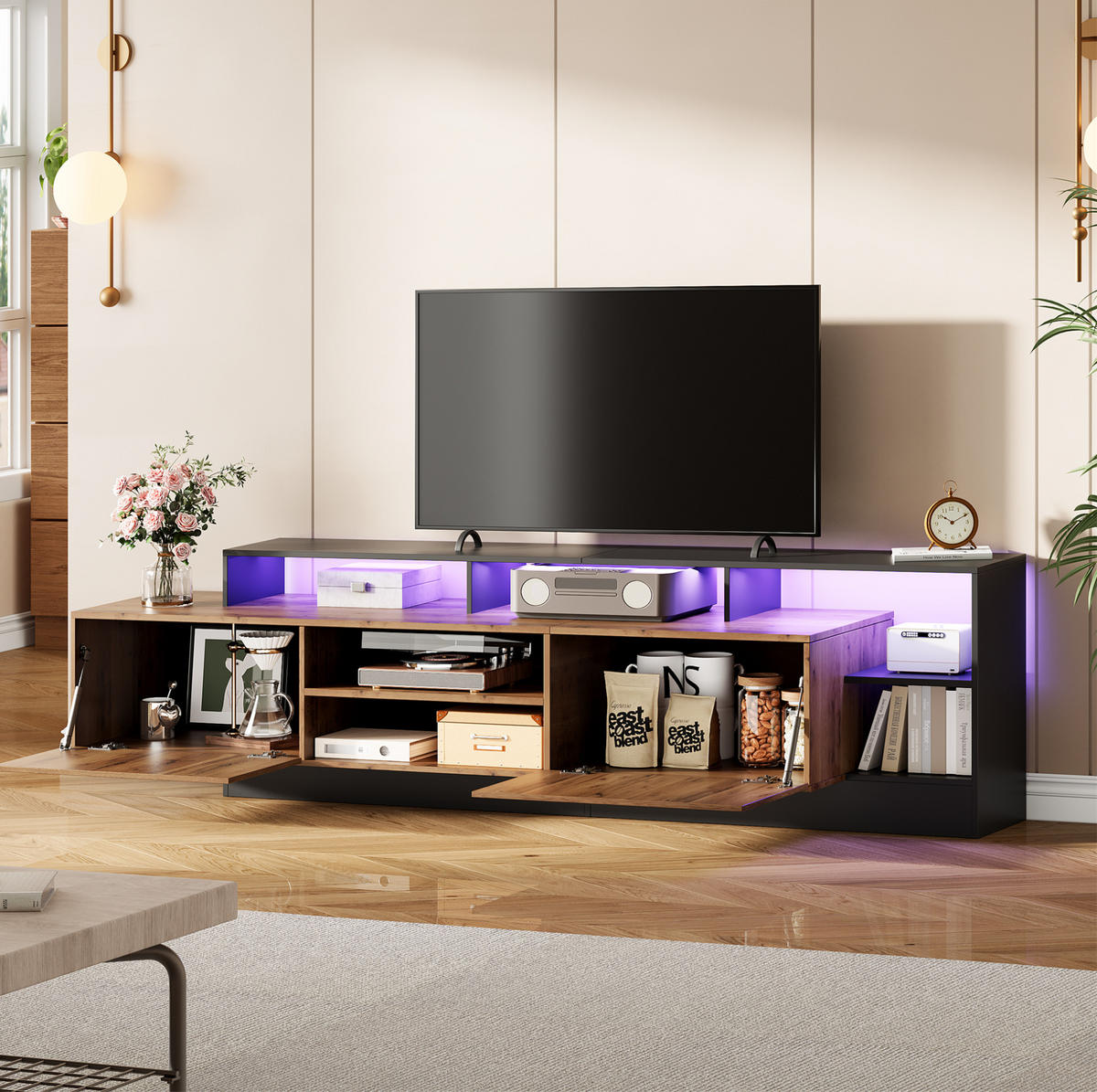 TV-SCHRANK mit LED 190 x 40 x 48,5 cm Spanplatte Black/Oak - Schwarz, Holzwerkstoff (190/48.5/40cm) - Beauniv