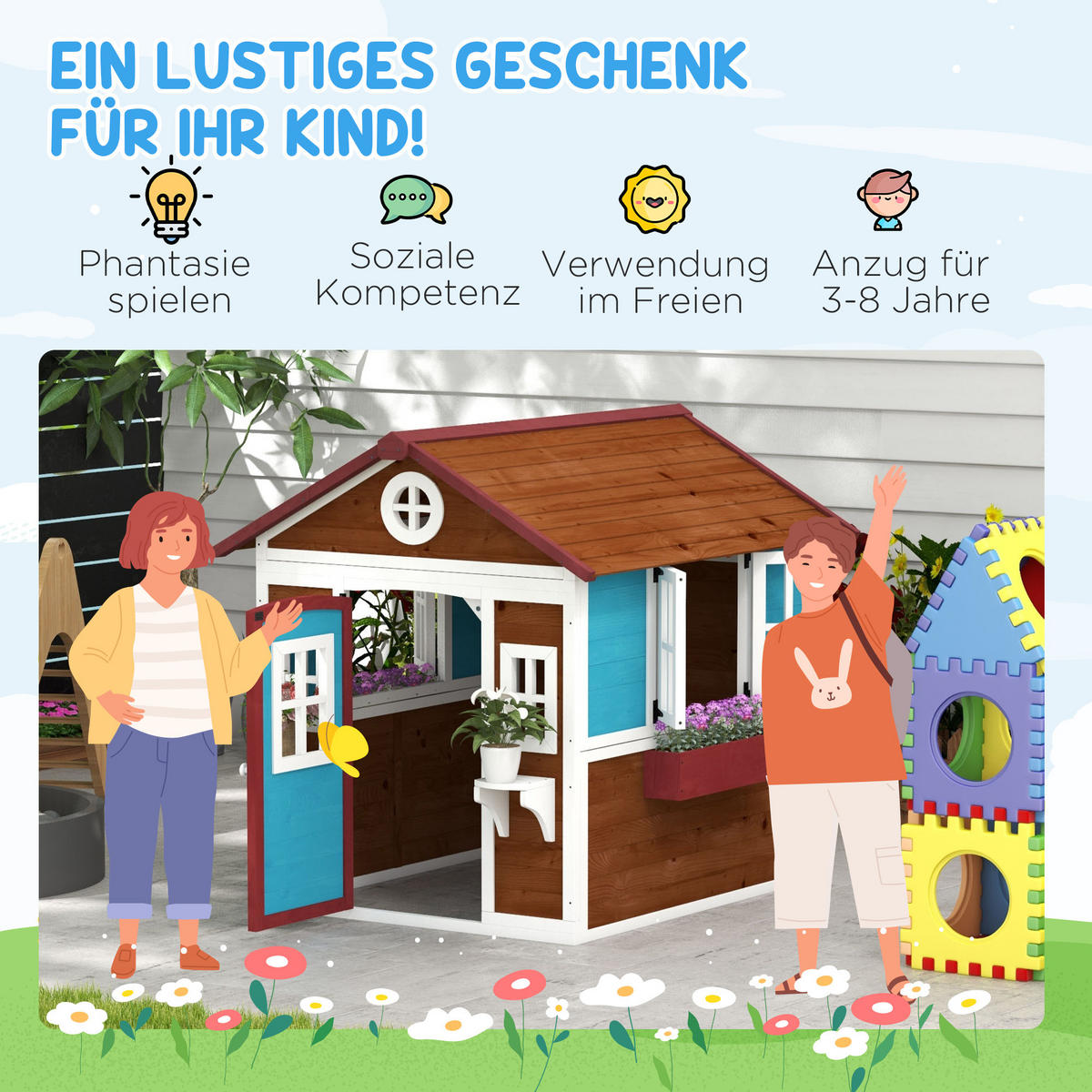 KINDERSPIELHAUS, Mehrfarbig, Tannenholz - Multicolor, Holz (114/135/126.4cm) - Outsunny