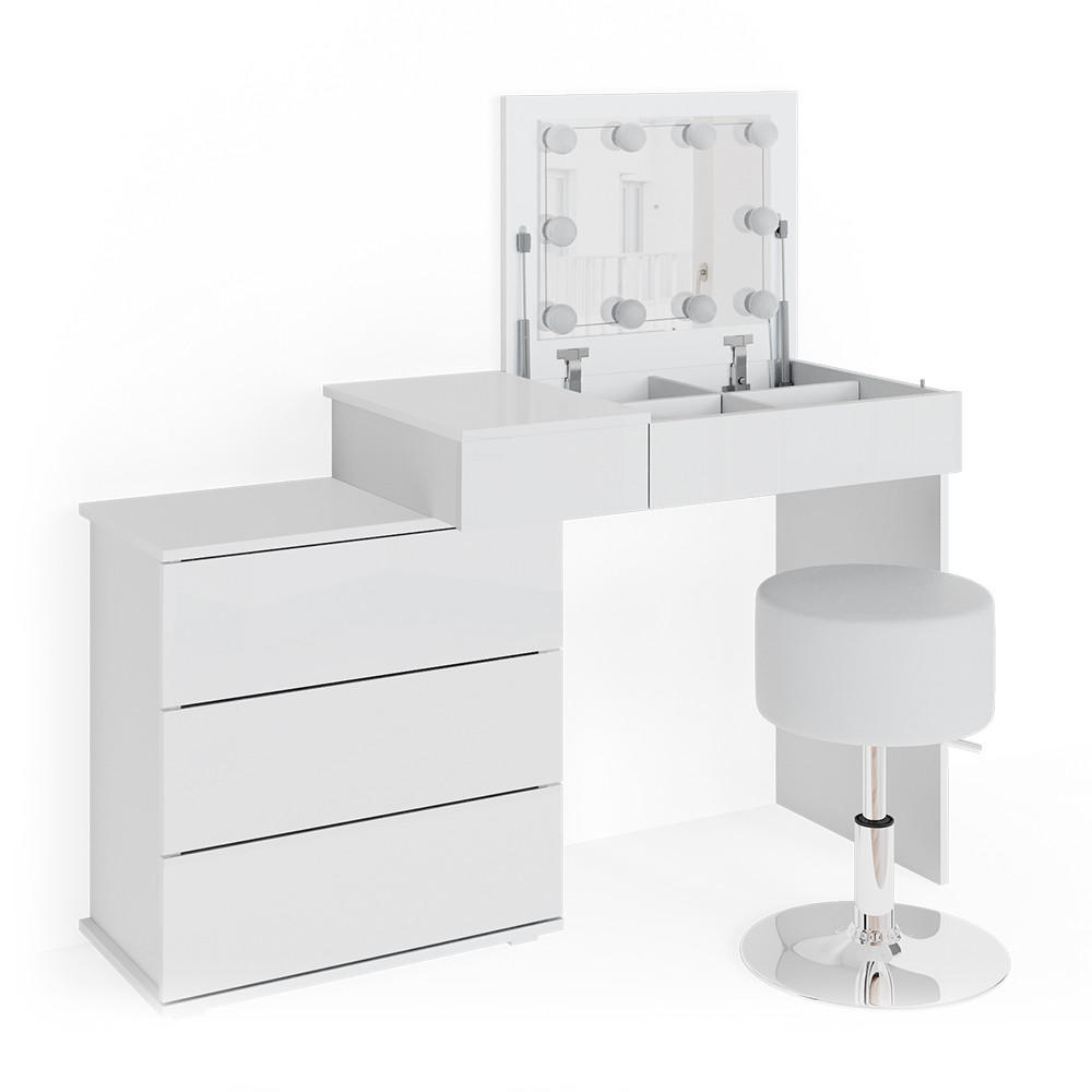 SCHMINKTISCH Lotos Weiß 117.4 cm mit LED Beleuchtung und Hocker - Weiß, Holzwerkstoff (117.4/78/45cm) - Vicco