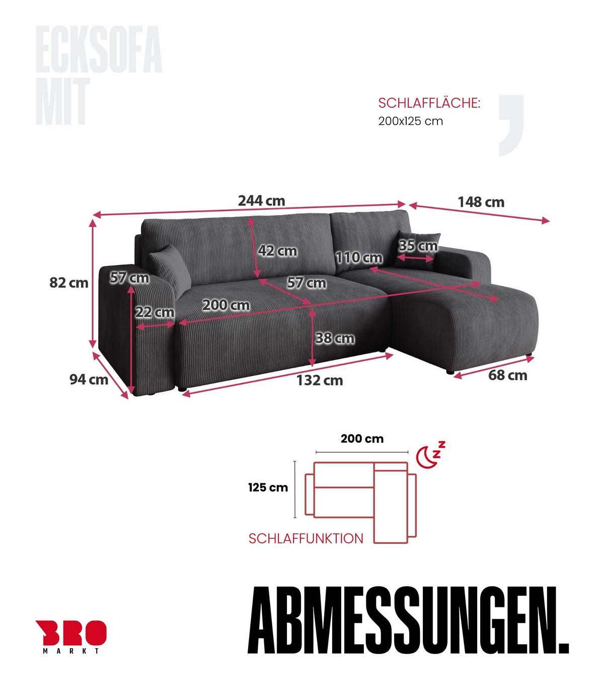 ECKSOFA PUMI mit Schlaffunktion Grau Cord - Grau, Textil (244/148cm) - Bromarkt