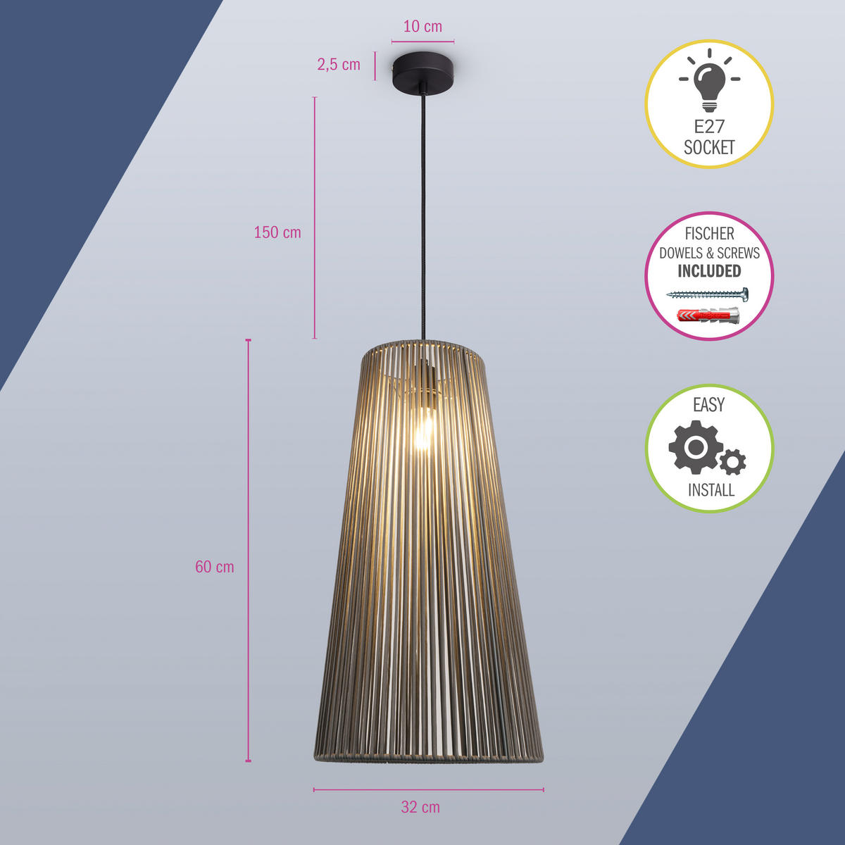 PENDELLEUCHTE Hugo Pd1 Mayve - Schwarz, Metall (32/32/60cm) - Paco Home