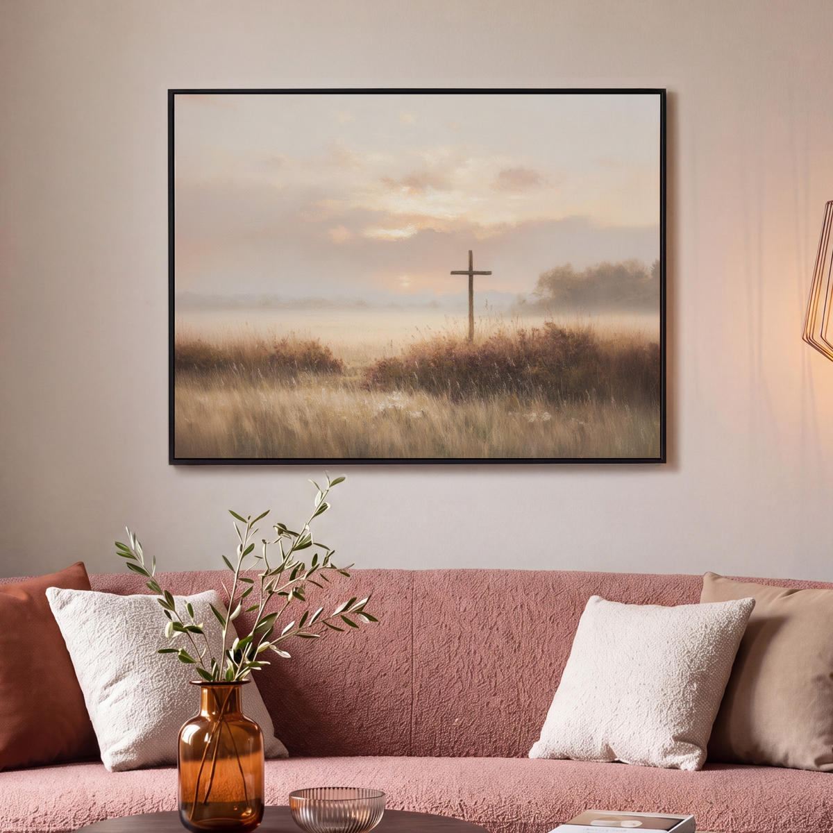 LEINWAND Bilder mit Rahmen - Gras - Morgennebel - Kreuz - Christentum - 100x70 - Beige, Textil (100/70cm) - MuchoWow