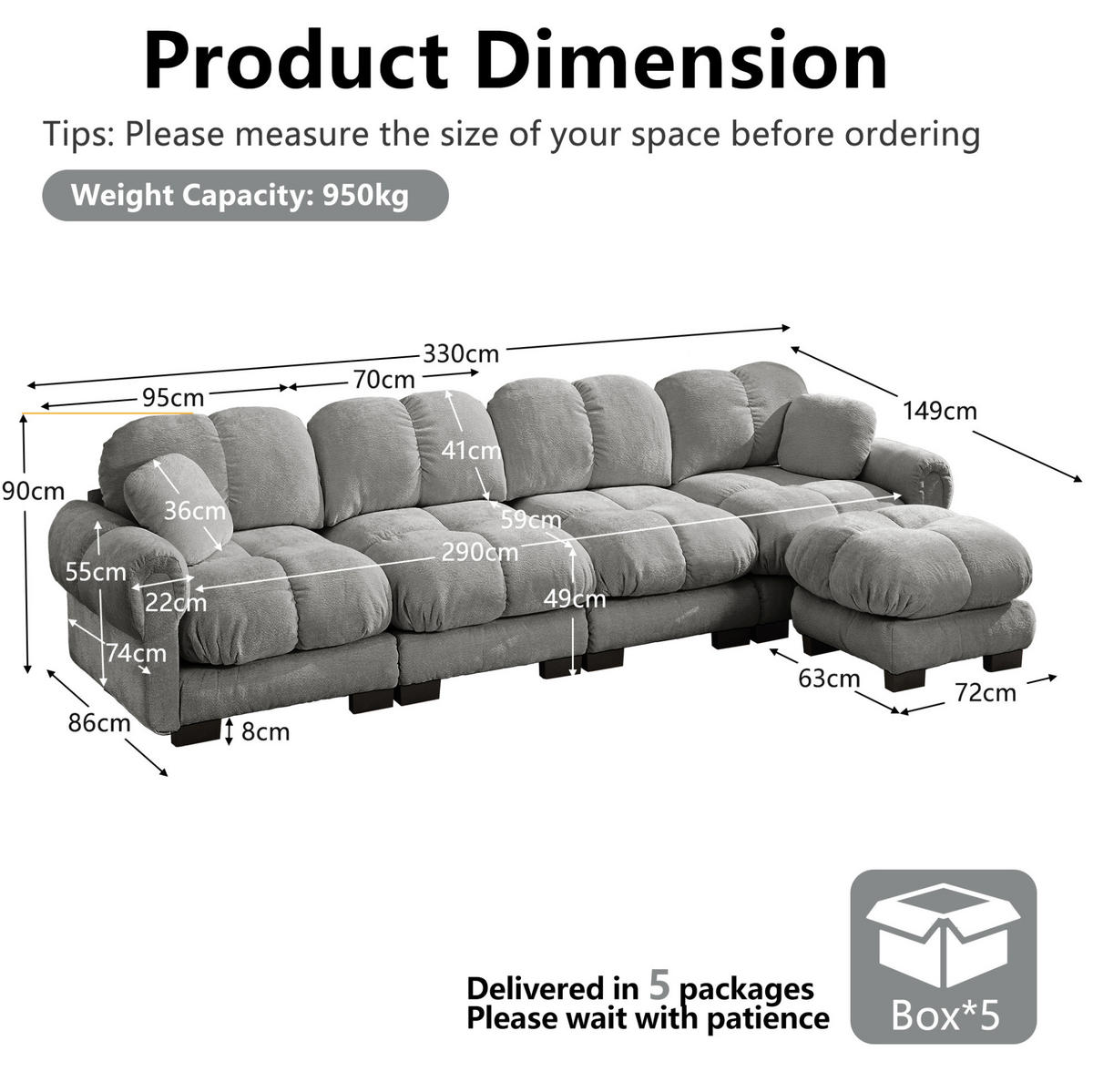 SOFA mit L-Form Chenille Hellgrau - Hellgrau, Holz (149/330cm) - Meubliv