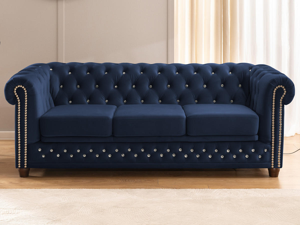 CHESTERFIELD-SOFA 3-Sitzer mit Schlaffunktion Cleo Blink Marineblau Samt mit Kristallsteppung und braunen Massivholzfüßen - Blau/Braun, Holz/Textil (203/72/86cm) - S-Style Möbel