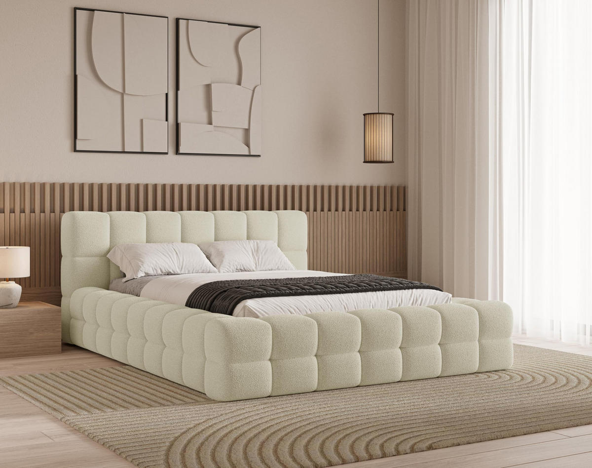 POLSTERBETT 180x200 mit Bettkasten, Lattenrost und Kopfteil, Eleganter Bouclé-Stoffbezug Beige - Beige, Holz (180/200cm) - Chilly