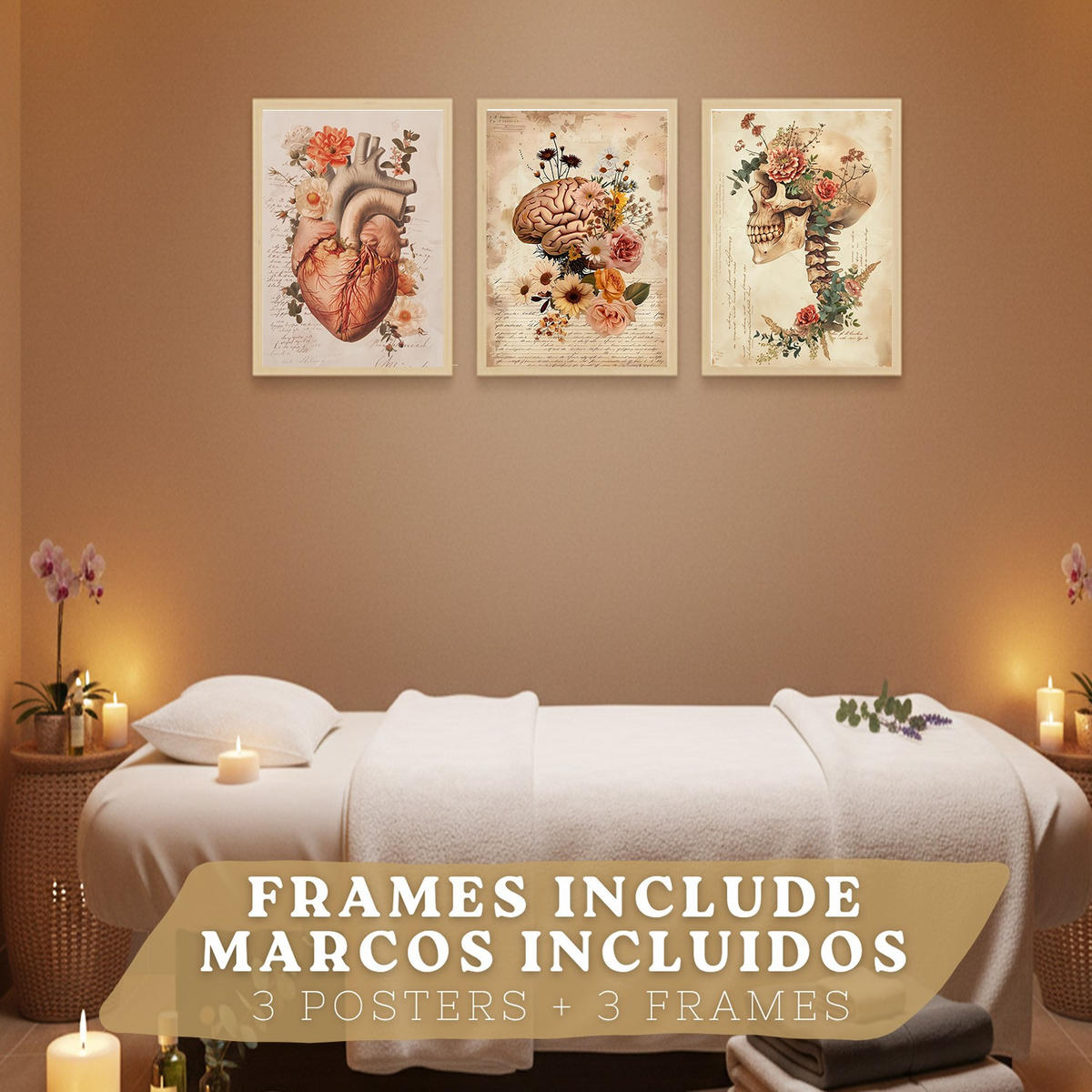 POSTER Set aus 3 Anatomie Mensch Drucke und Wandbilder mit Herz Gehirn und Schädel Vintage Floraler Stil Wanddekoration Größe Leichter Holzrahmen A3 - Beige, Papier (29.7/42/3cm) - Nacnic