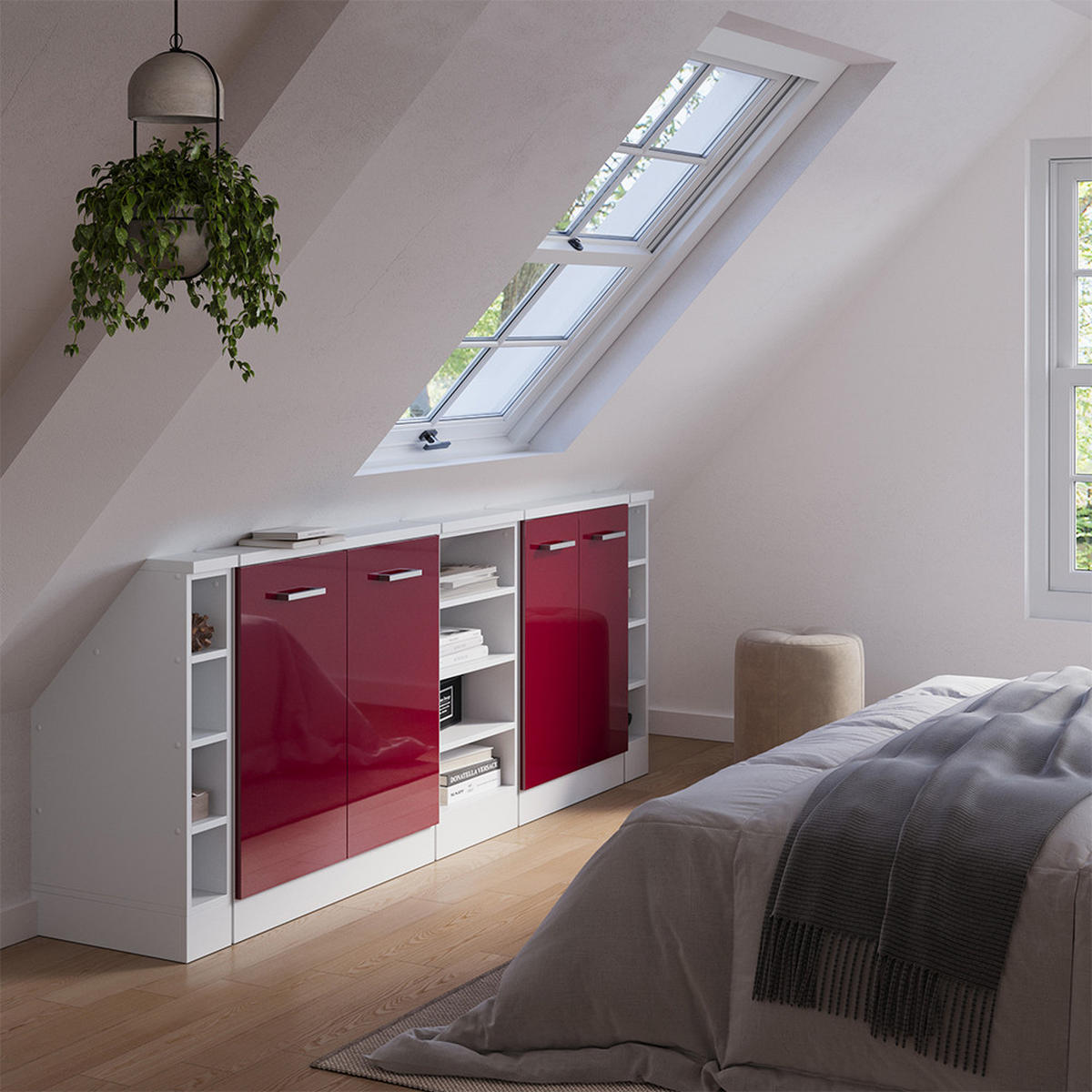 DACHSCHRÄGENSCHRANK-SET Rion Bordeaux Hochglanz/Weiß 5er Set - Bordeaux/Weiß, Holzwerkstoff (215/81.6/46cm) - Vicco