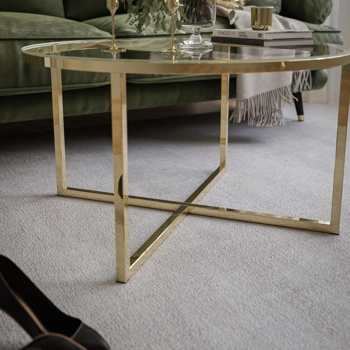 COUCHTISCH CIRI-X mit Glasplatte und goldener Basis - Goldfarben, Glas (70/70/44.4cm) - Lookway
