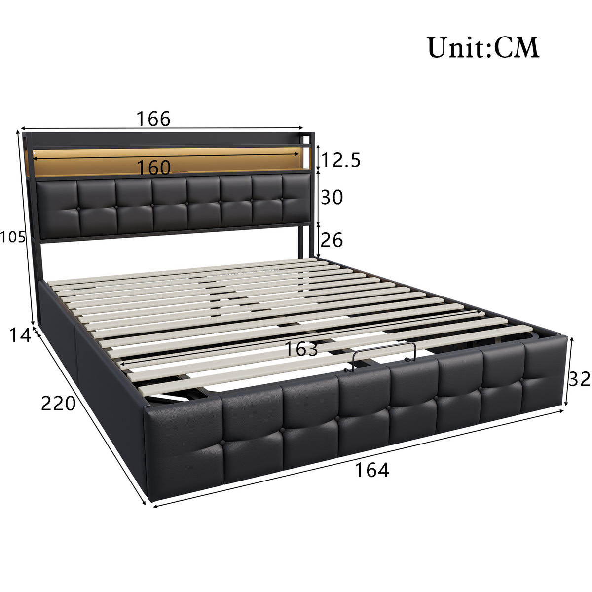 POLSTERBETT 160x200 cm mit LED, USB, Lattenrost, PU-Leder schwarz - Schwarz, Metall (160/200cm)