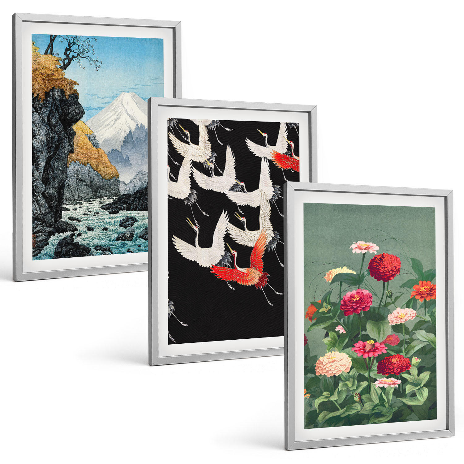 BILDER SET 3er Set - 40x60 cm Silberner Rahmen - Berge, Wasserfälle, Vögel, Blumen - Silberfarben, Kunststoff (40/60cm) - TULUP