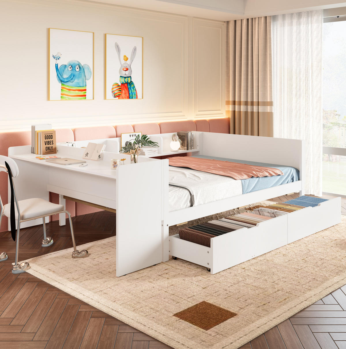 BETT 140/200 cm mit Schreibtisch, 2 Schubladen und 3 Regalen aus Kiefern und Spanplatte, Weiß/Rosa - Weiß, Holzwerkstoff (140/200cm) - Redom