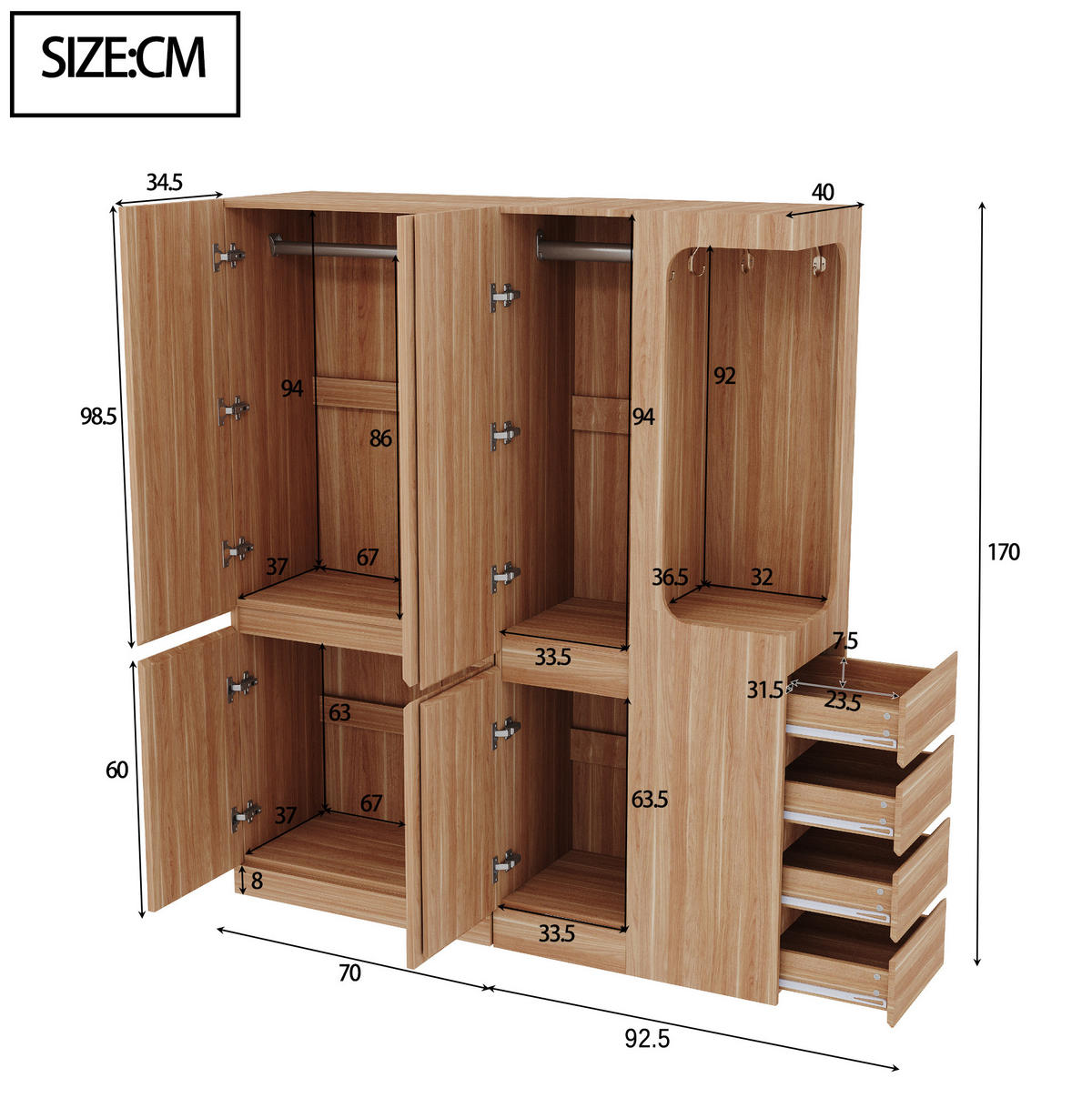 KLEIDERSCHRANK 140/170/40 cm Weiß aus Kiefernholz mit Schubladen - Nussbaumfarben, Holzwerkstoff (40/170/140cm) - OKMYHOME
