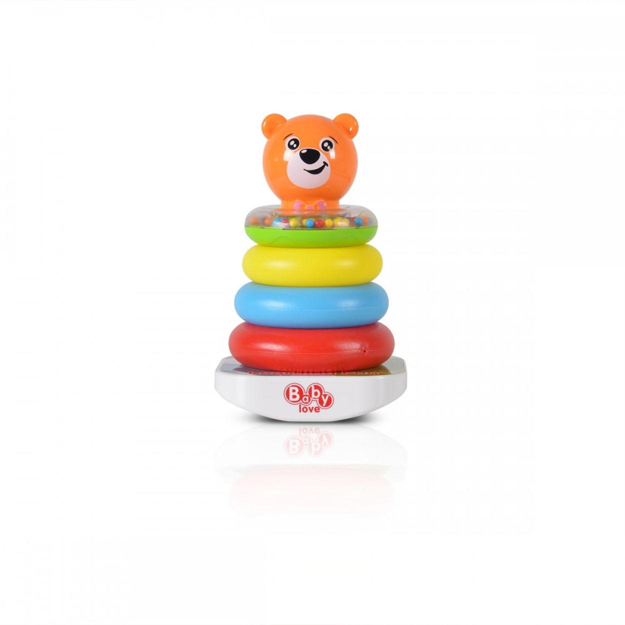 BABYSPIELZEUG Stapelturm Bär 35785 4 Ringe, Bärenkopf, bewegliche Basis, Rassel, ab 6 Monaten, Kunststoff - Multicolor, Kunststoff (12/21/13cm) - Moni