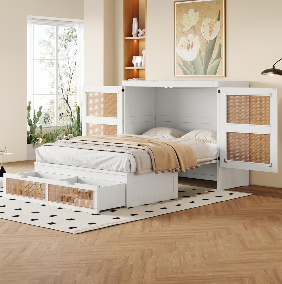 SCHRANKBETT aus Kiefer, Sperrholz und MDF 140x200 cm Weiß mit Lattenrost, Schubladen und Rattan-Design - Weiß, Holzwerkstoff (140/200cm) - Modfu