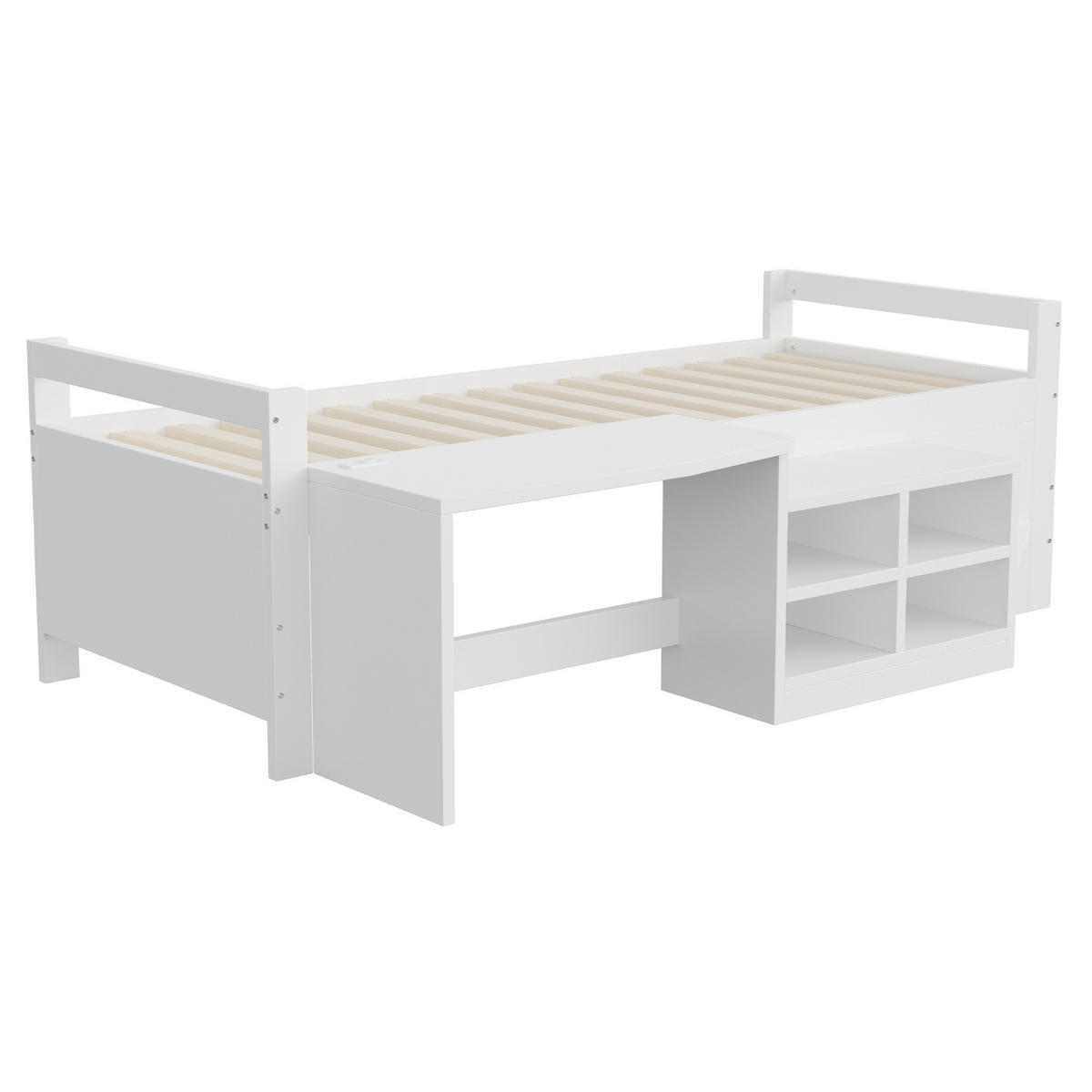 EINZELBETT 90/200 cm mit Staufächern und Schreibtisch in Weiß - Weiß, Holz (90/200cm) - OKWISH