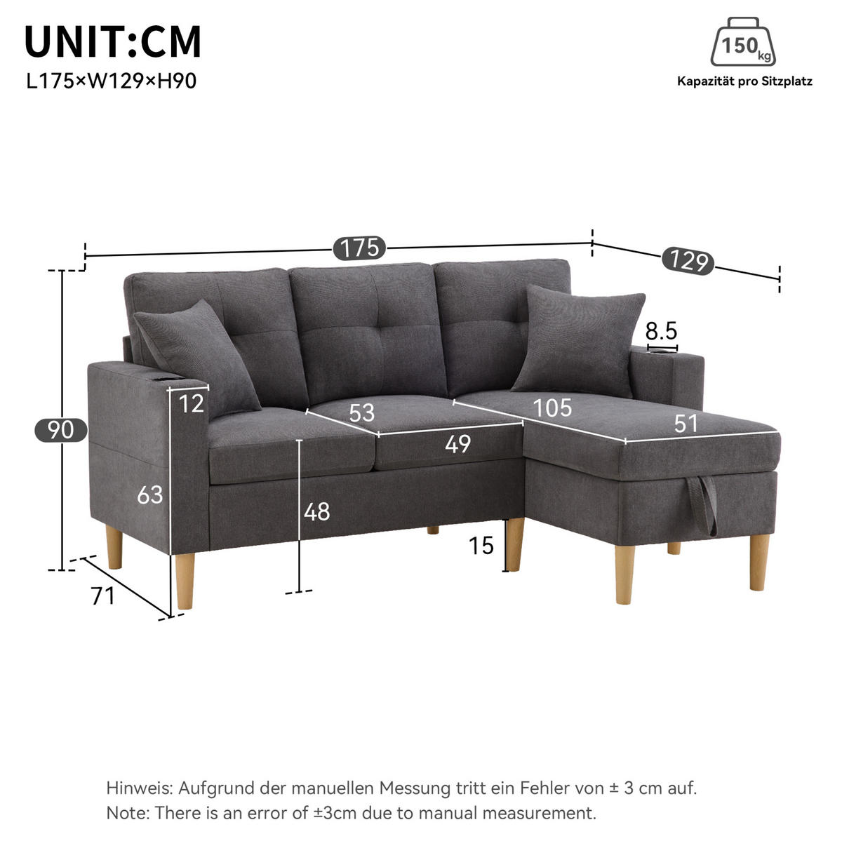 ECKSOFA Baumwoll-Leinen mit Stauraum und Getränkehaltern 175/129/90 cm Dunkelgrau inklusive 2 Kissen - Dunkelgrau, Textil (175/129cm) - Redom