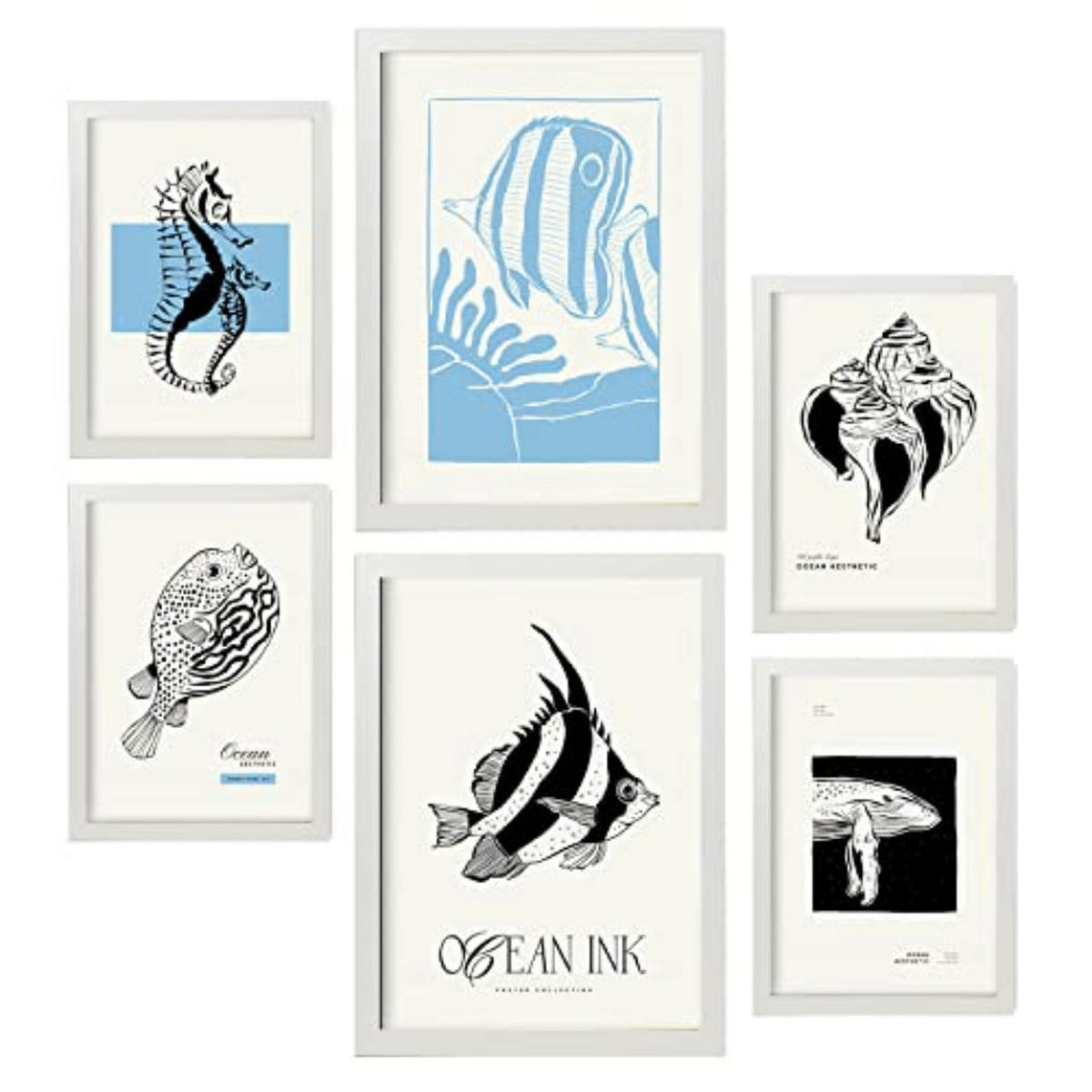 POSTER Set Mit 6 In Schwarzer Tinte Meeresmuster Kunstdrucke Von Meer Und Ozean Für Innenarchitektur A3 & A4 Weißer Rahmen - Weiß, Papier (29/3cm) - Nacnic