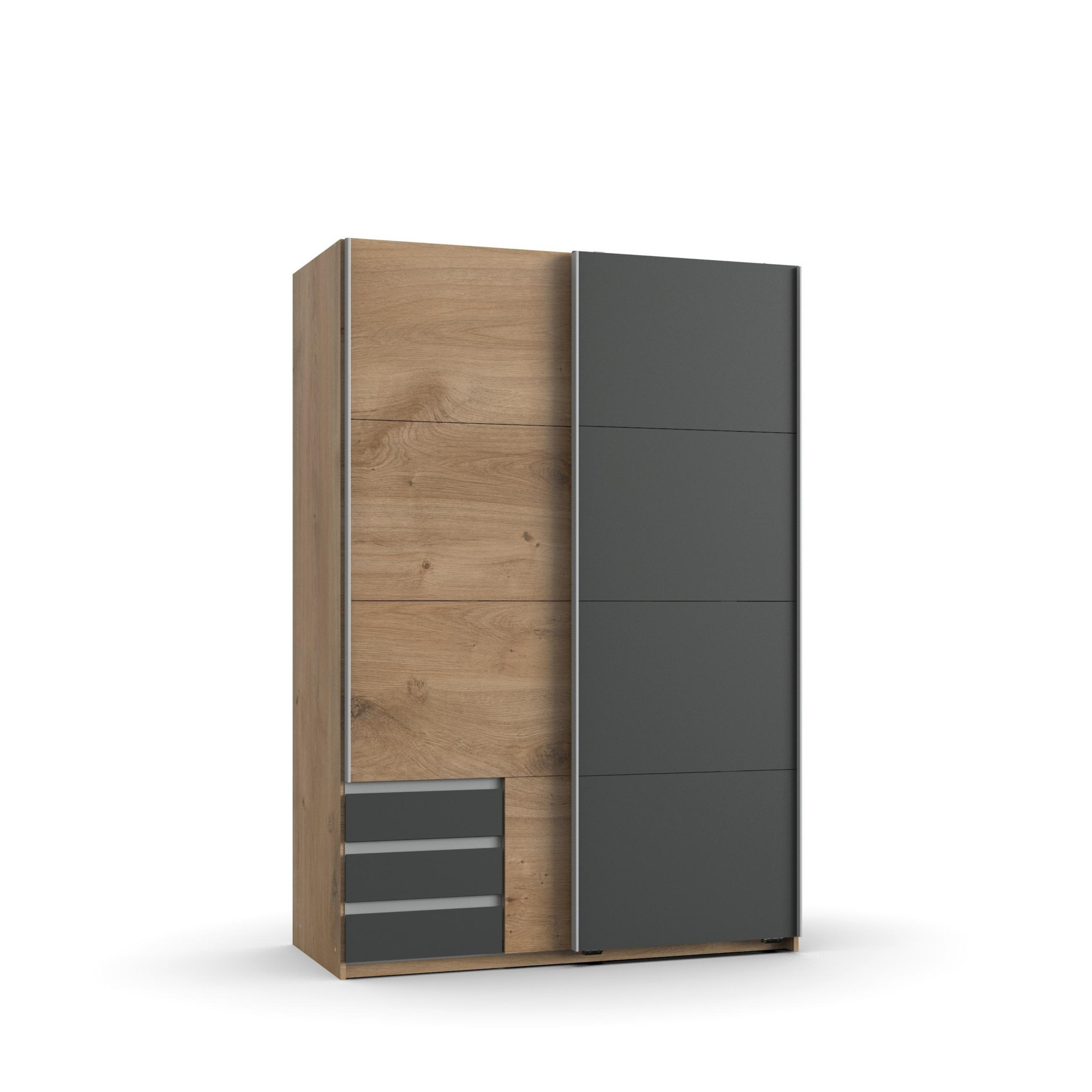 SCHWEBETÜRENSCHRANK 2-türig B135/H198/T65 cm, Kleiderschrank in Eiche Dekor, 1x Tür & sichtbare Schubkästen in Grafit / 22664 - Eichefarben/Alufarben, Holz/Holzwerkstoff (135/198/65cm) - luma-home