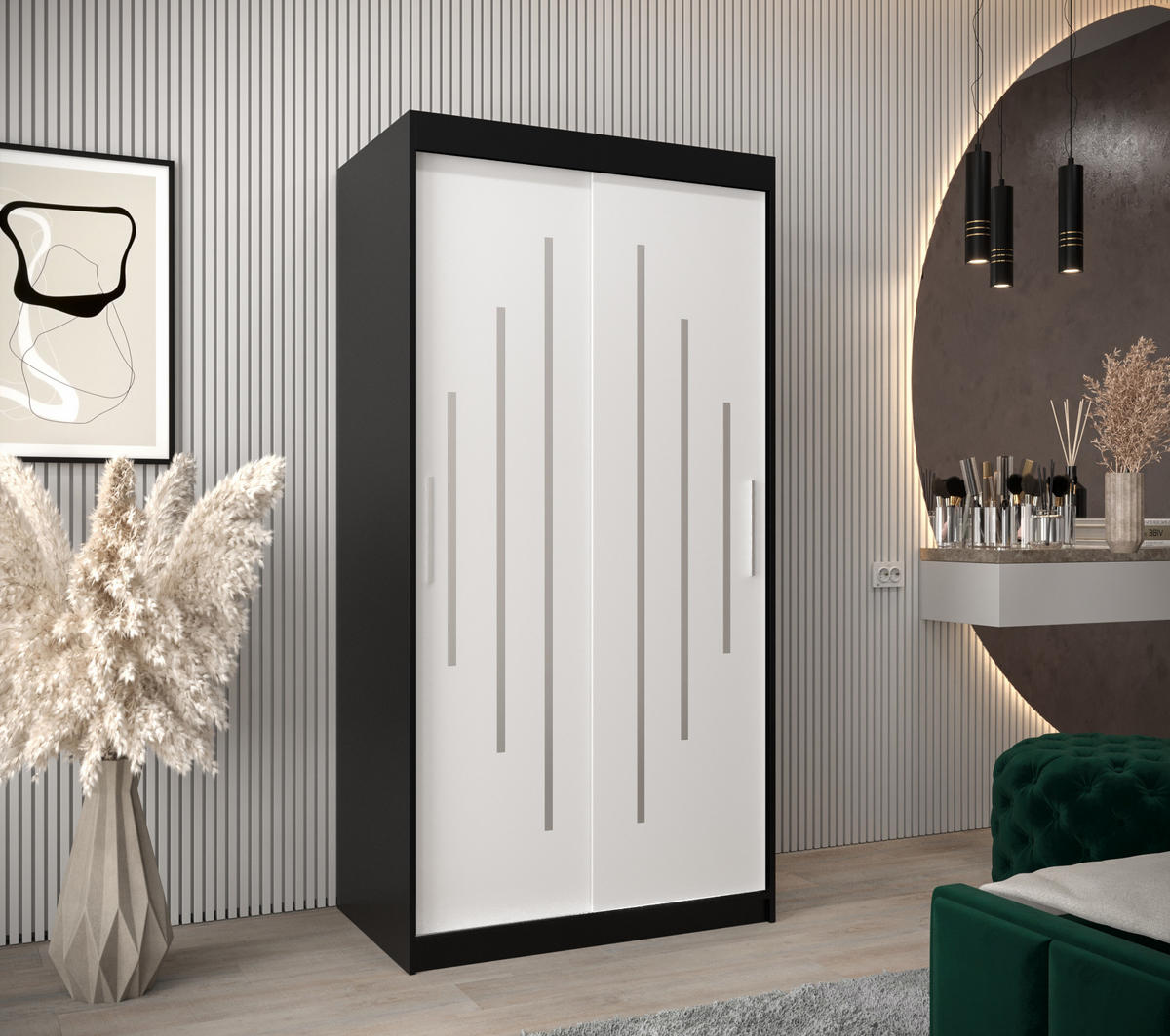 SCHWEBETÜRENSCHRANK 200/100/62 2-türig - Silberfarben/Schwarz, Holz/Kunststoff (100/200/62cm) - Abiks Möbel