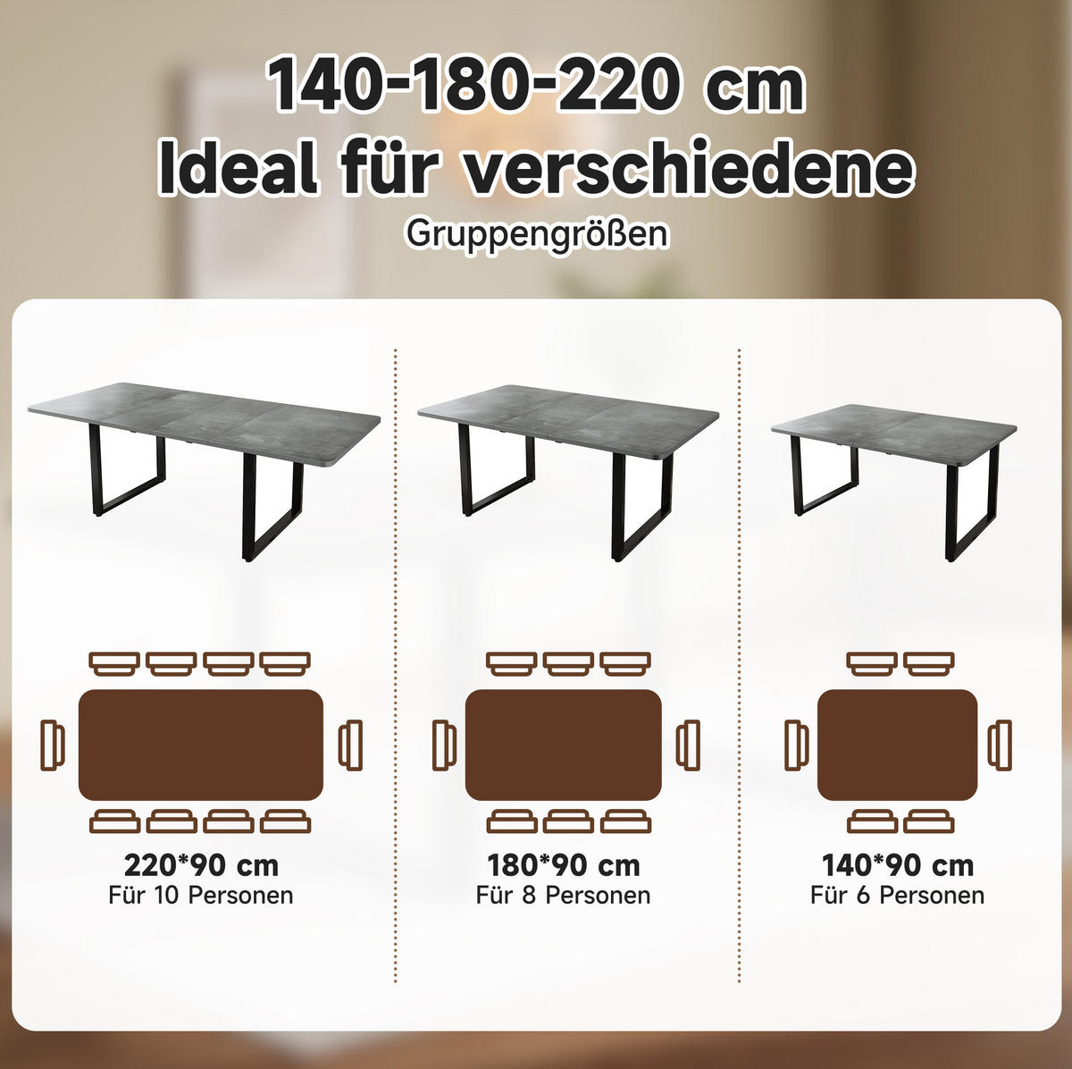 AUSZIEHTISCH 140-220/80 cm in Grau mit Metallgestell für 6 bis 10 Personen - Grau, Holzwerkstoff (220/90/75cm) - BEAOK