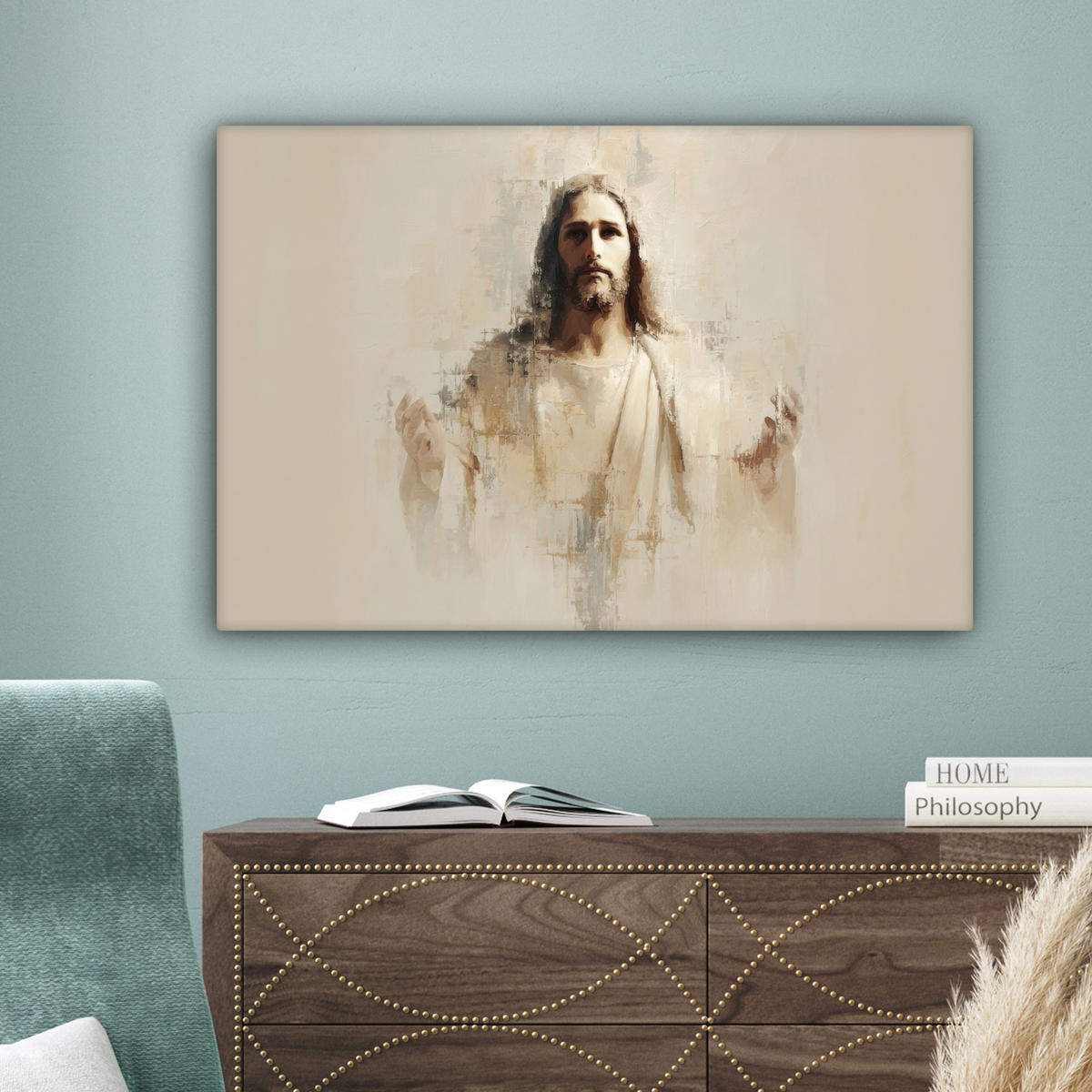 LEINWANDBILD Porträt - Abstrakt - Jesus - Beige Gemälde 60x40 cm - Beige, Textil (60/40cm) - MuchoWow