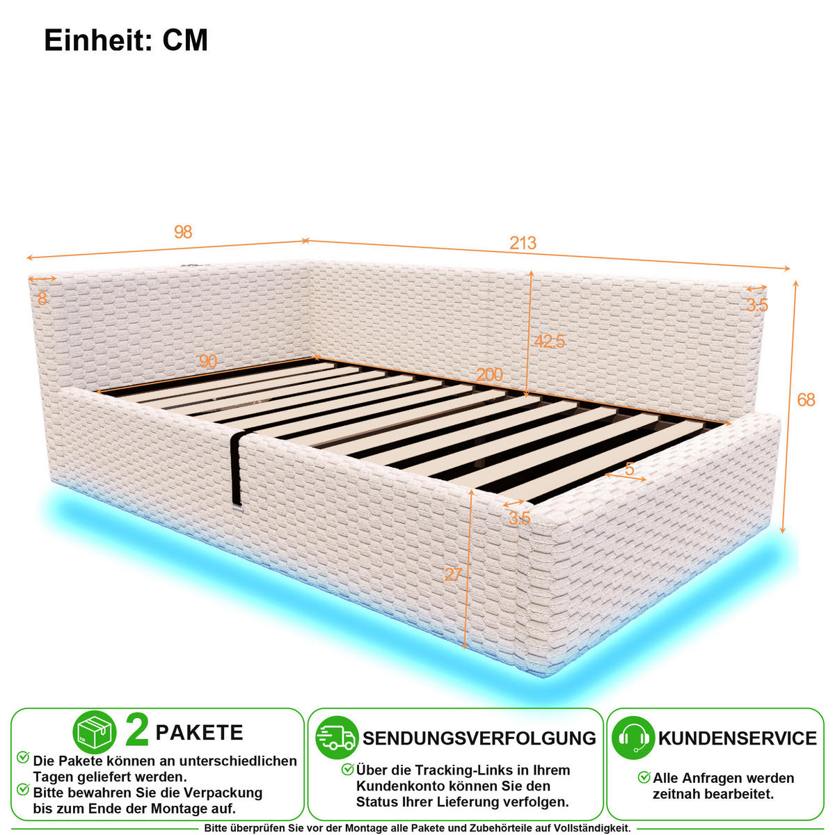 POLSTERBETT 90/200 cm in Beige Samt mit Bettkasten, LED und USB/Type-C - Beige, Holzwerkstoff/Textil (90/200cm) - CHICFURN