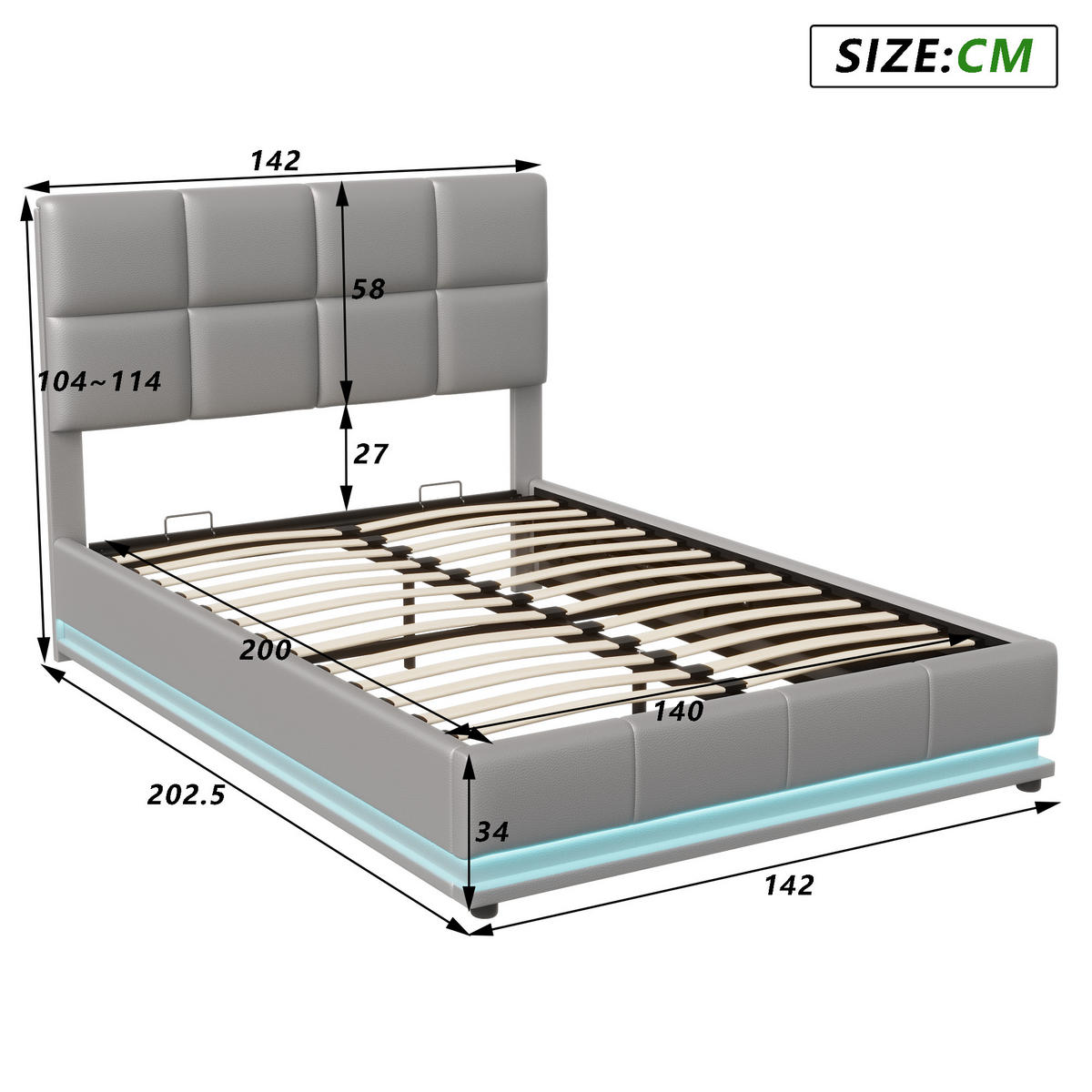 POLSTERBETT 140x200 cm LED Stauraum Lattenrost PU Kopfteil grau - Grau, Holz (140/200cm) - LEBENLANG
