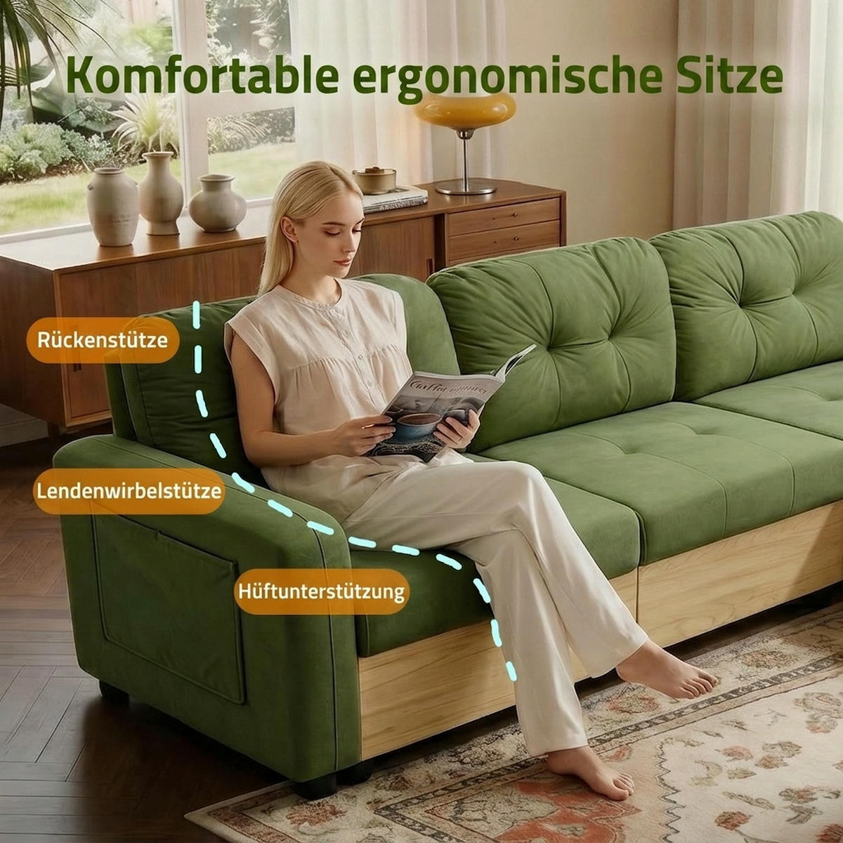 ECKSOFA 228/115/78 cm Grün mit Ausziehbarer Fußhocker, USB-Anschluss und Aufbewahrungstasche - Grün, Textil (228/80cm) - Oxeza