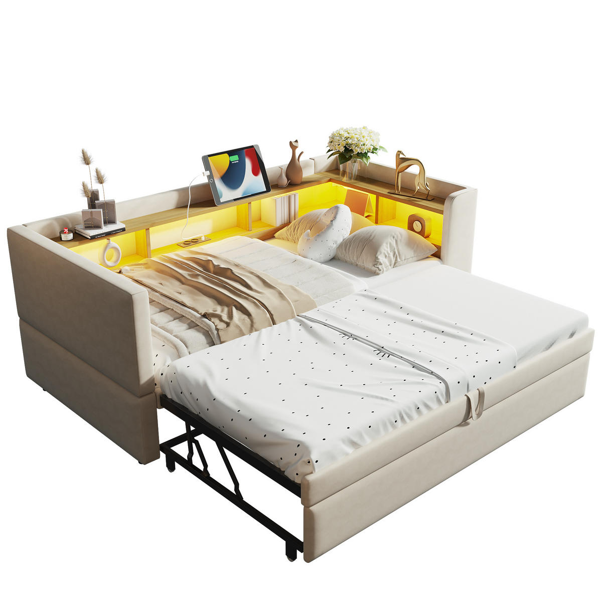 POLSTERBETT 90/180 cm Beige Ausziehbett mit LED-Beleuchtung Steckdosen und Ablagefächern - Beige, Textil (90/190cm) - OKWISH