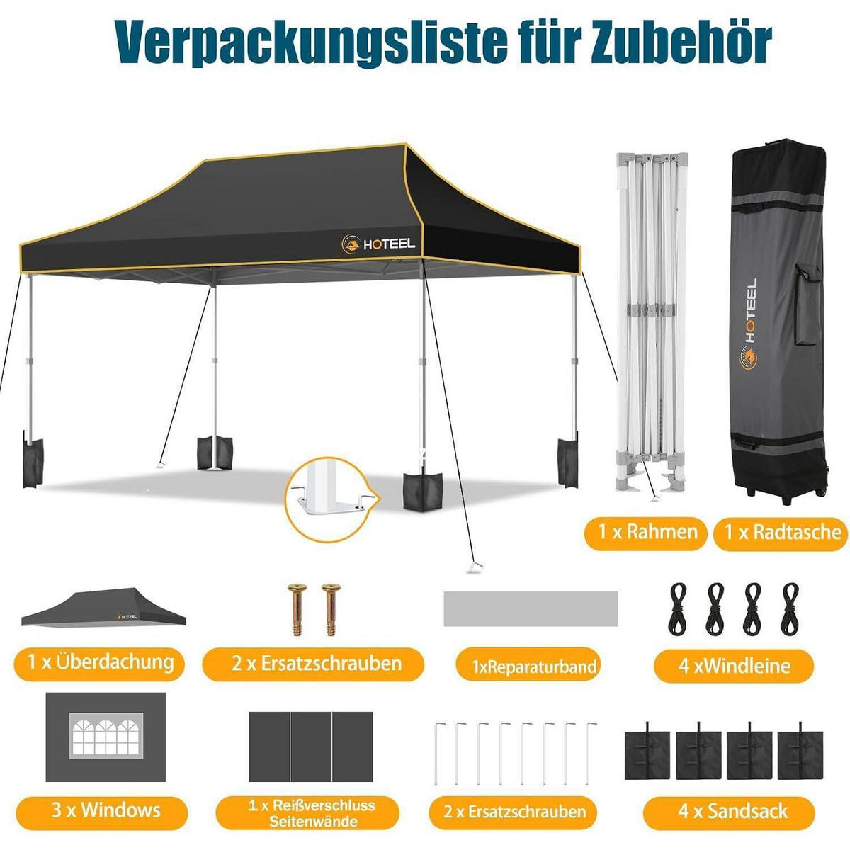 FALTPAVILLON 3x4,5m Schwarz Wasserdicht Stabil Sechskant-Gestell - Schwarz, Textil (300/342/450cm)