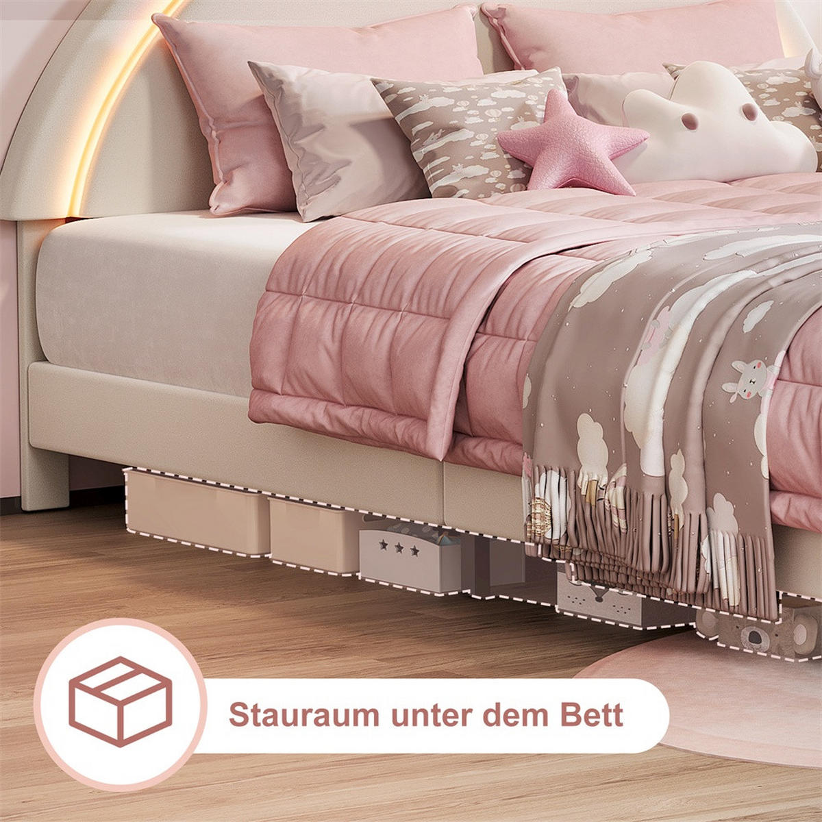 KINDERBETT 140x200 cm Hasenohr-Design mit LED-Beleuchtung und Pfotenmuster - ohne Matratze - Weiß und Rosa - Weiß, Textil (140/200cm) - DELFA