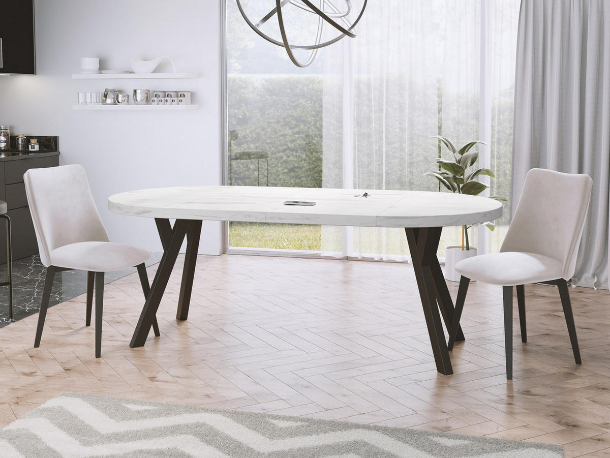 ESSTISCH Twixy runder ausziehbarer, Marmor Weiß 90-170/90/76 cm - Ecru/Schwarz, Holz/Holzwerkstoff (90/90/76cm) - WFL GROUP