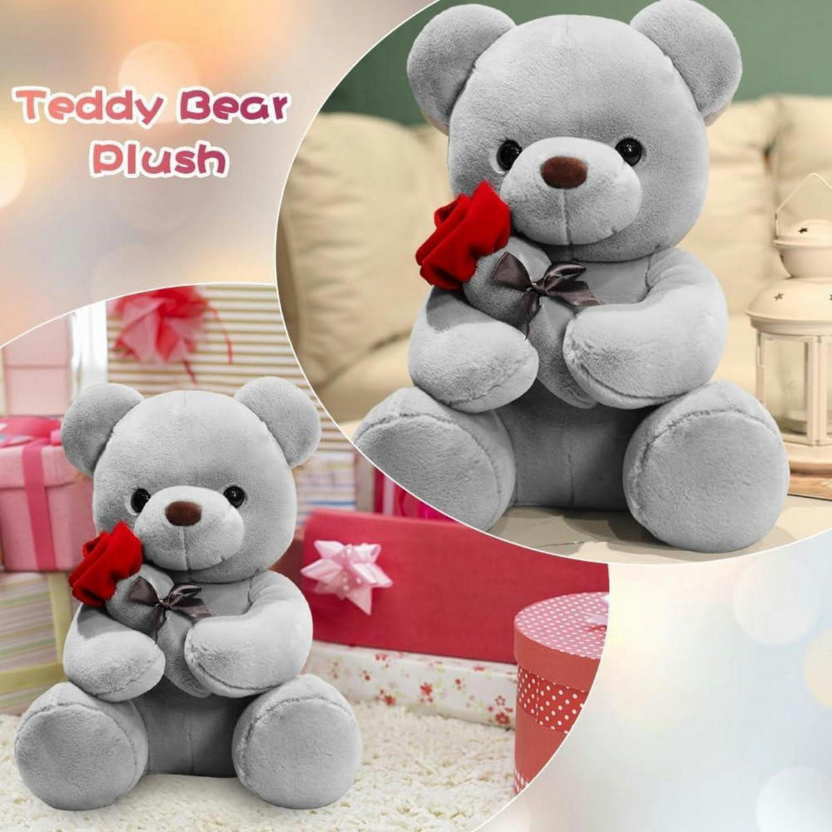 PLÜSCH-BÄR mit Rose 23 cm Grau - Grau, Textil (10/18cm)