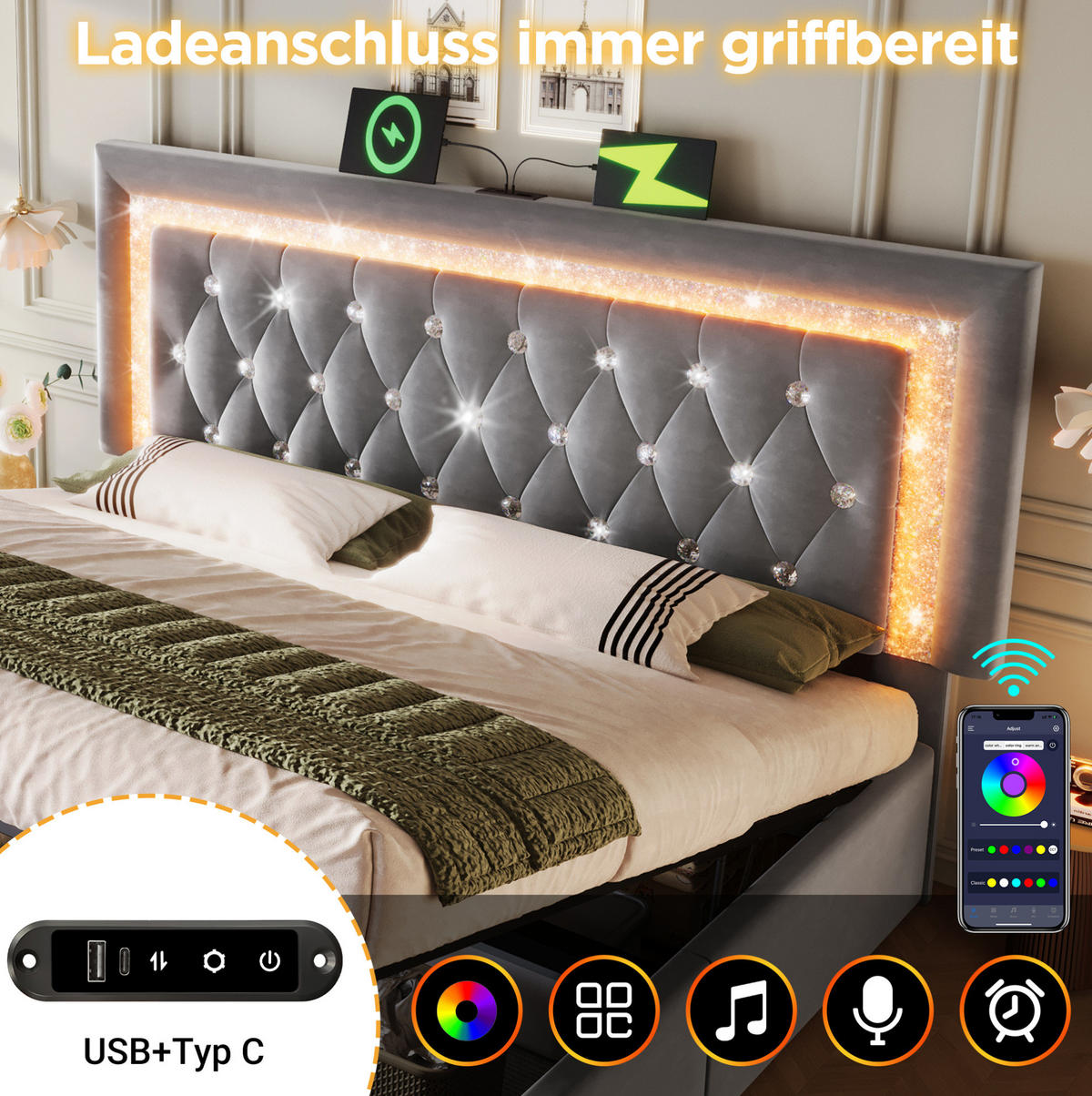 POLSTERBETT 140/200 cm mit LED-Beleuchtung, USB- und Type-C-Anschluss, Bettkasten und Matratze, Grau - Grau, Textil (140/200cm) - Redom