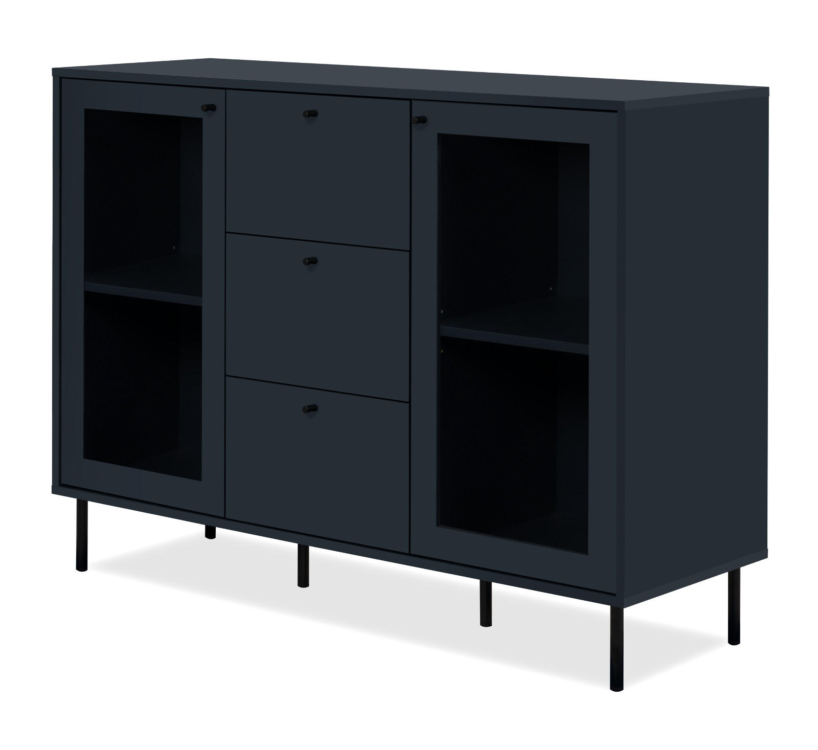 KOMMODE blau 120 cm, Anrichte mit 4 Vitrinenfächern - Blau/Schwarz, Glas/Holzwerkstoff (120/90/40cm) - Furn.Design